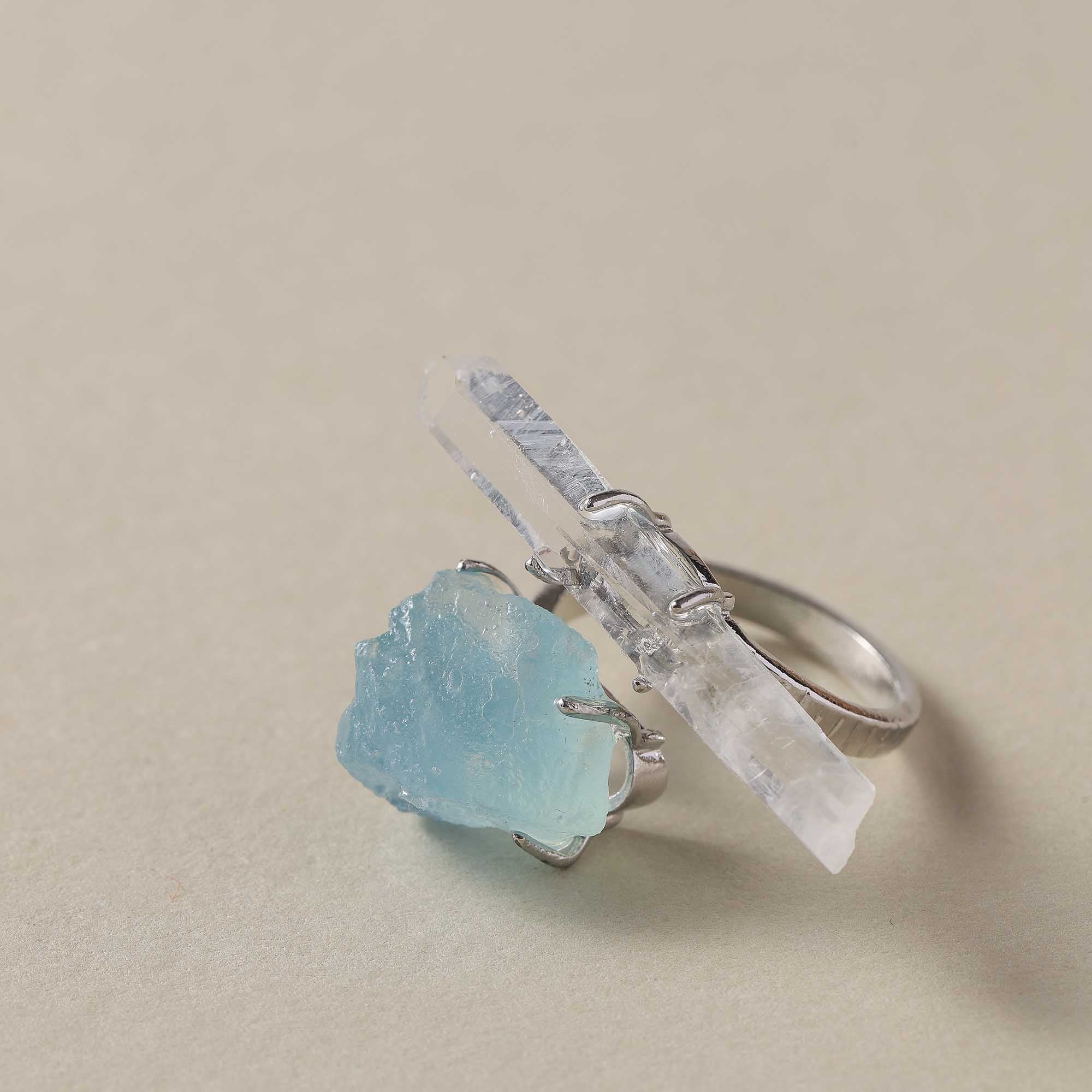 Sea Fish & Flying Birds – Aquamarine & Clear Quartz Raw Stone Ring