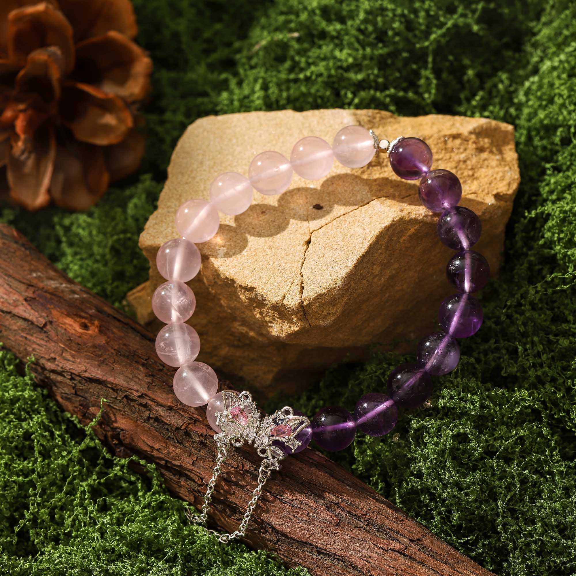 Floral Butterfly Dream – Amethyst & Rose Quartz Bracelet