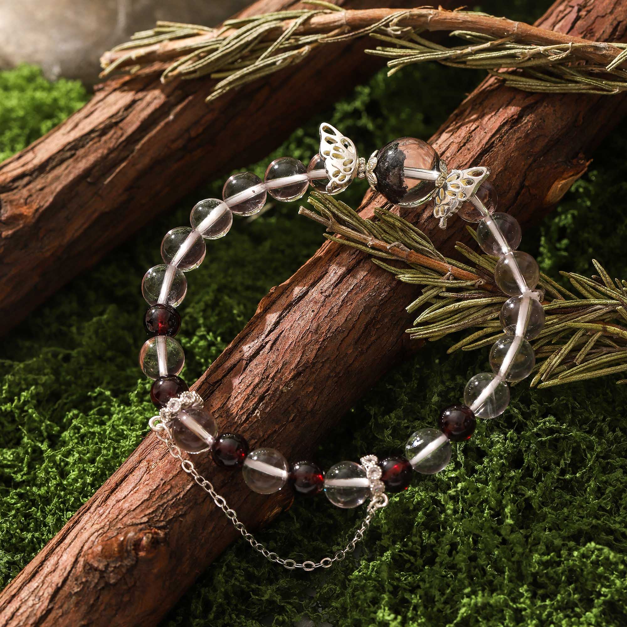 Forest Whispers – Phantom Quartz, Garnet & Clear Quartz Bracelet