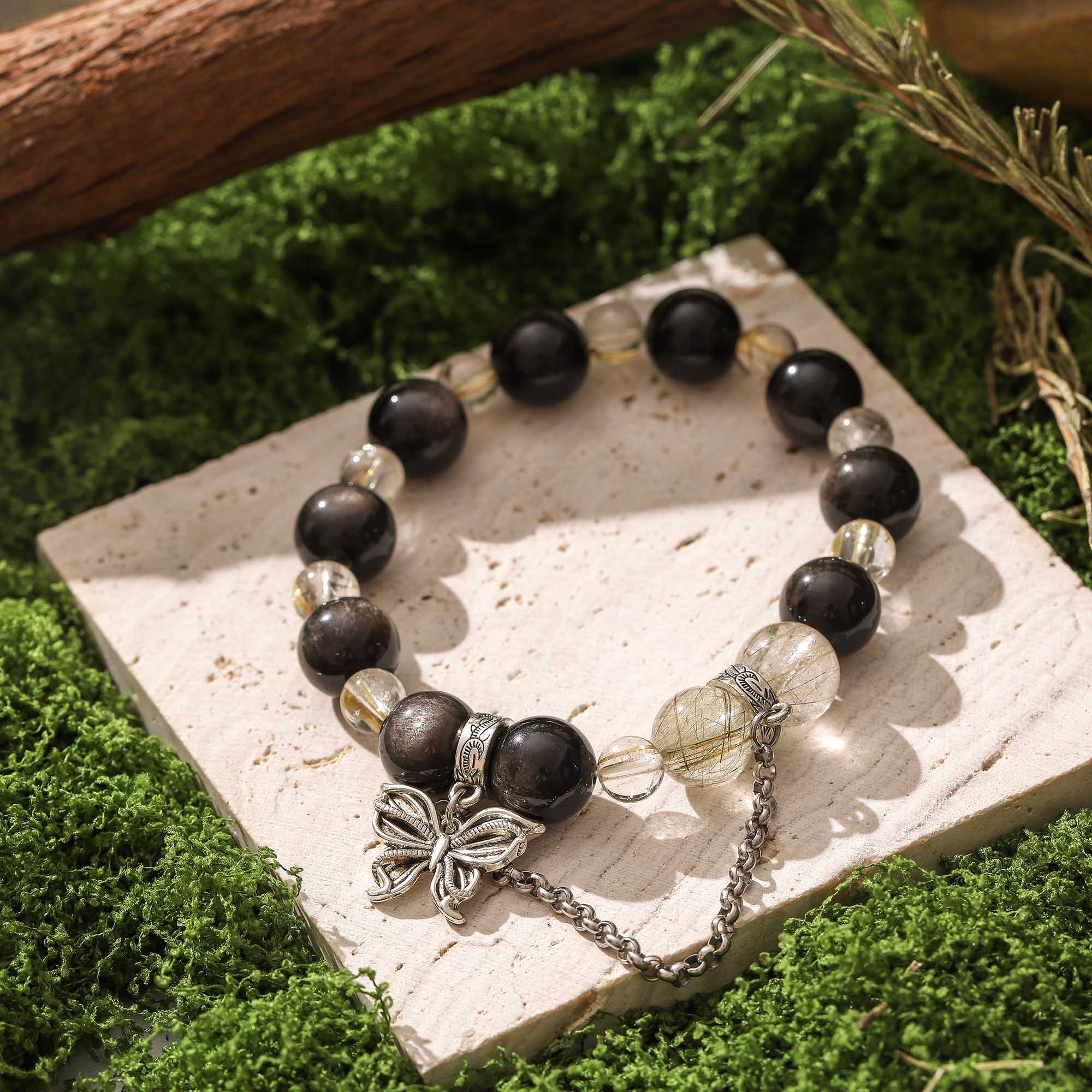Midnight Metamorphosis – Obsidian & Golden Rutilated Quartz Bracelet