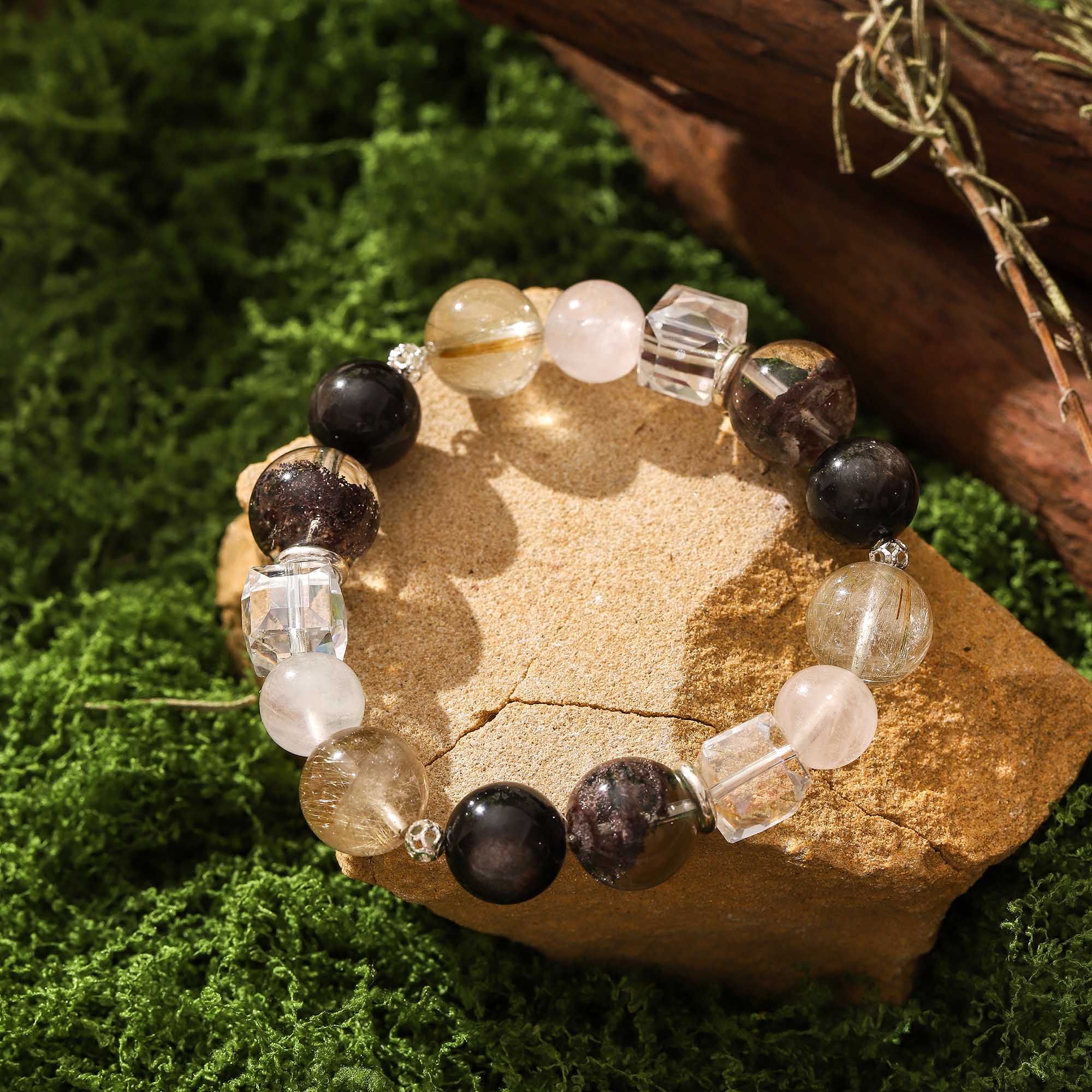 Night & Light Overture – Obsidian, Seasonal Phantom, Golden Rutilated Quartz & Clear Quartz Bracelet