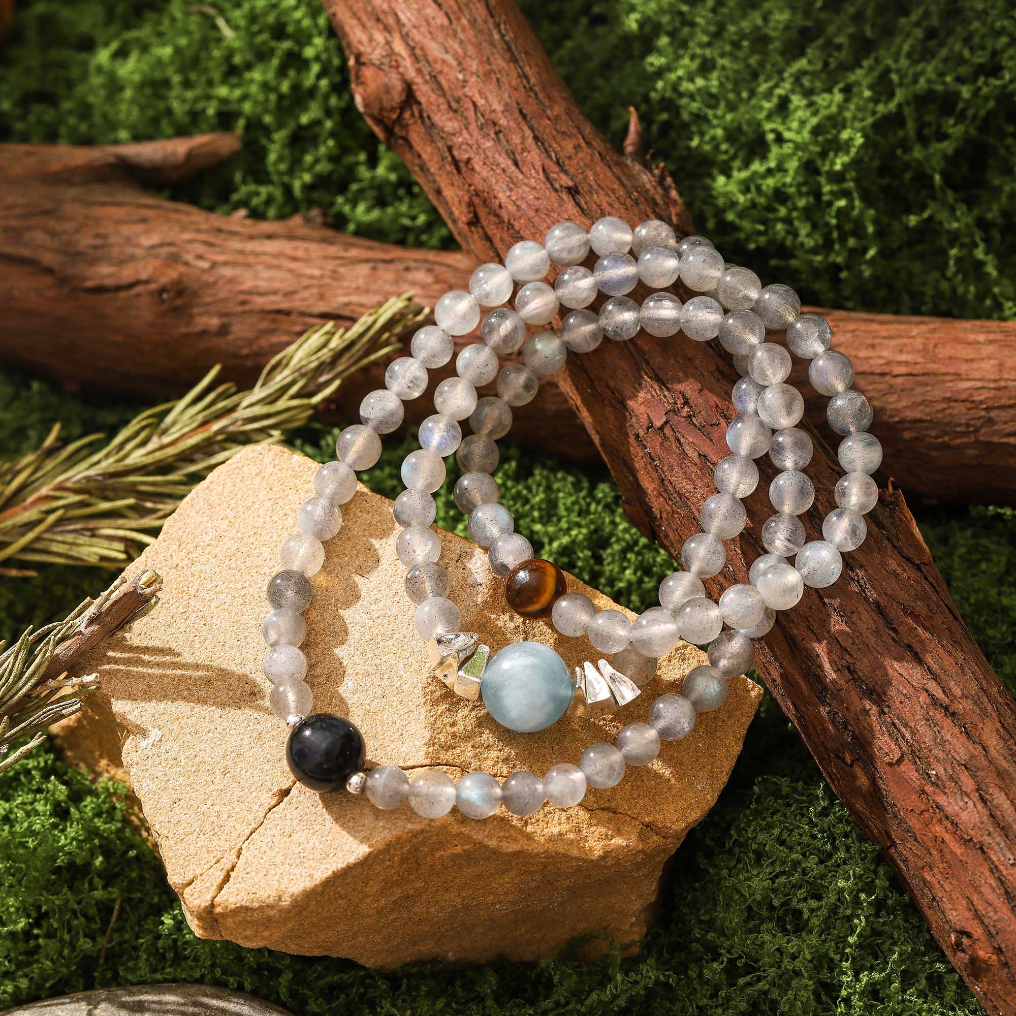 The Abundant Circle – Aquamarine, Gray Moonstone, Yellow Tiger Eye & Blue Tiger Eye Multi-Wrap Bracelet