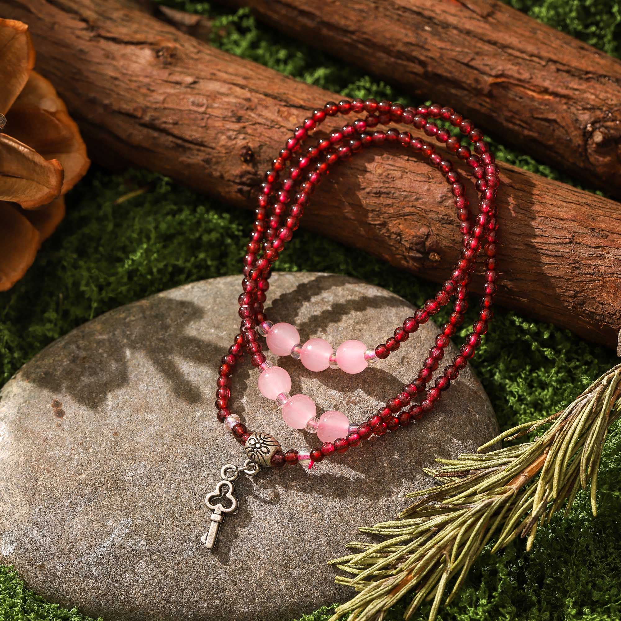 Secret Key – Garnet & Rose Quartz Multi-layer Bracelet