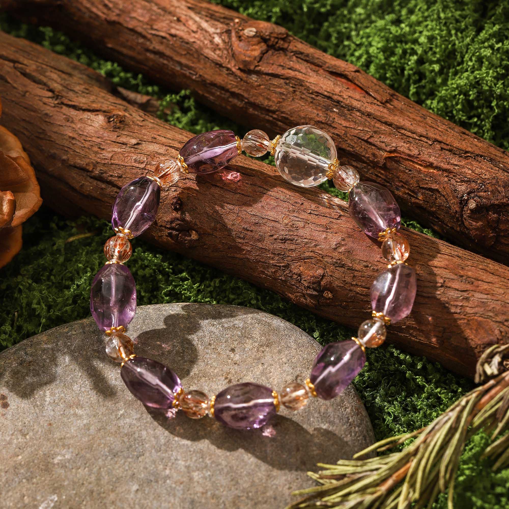 Amethyst, Clear Quartz & Black Gold Super Seven Design Bracelet