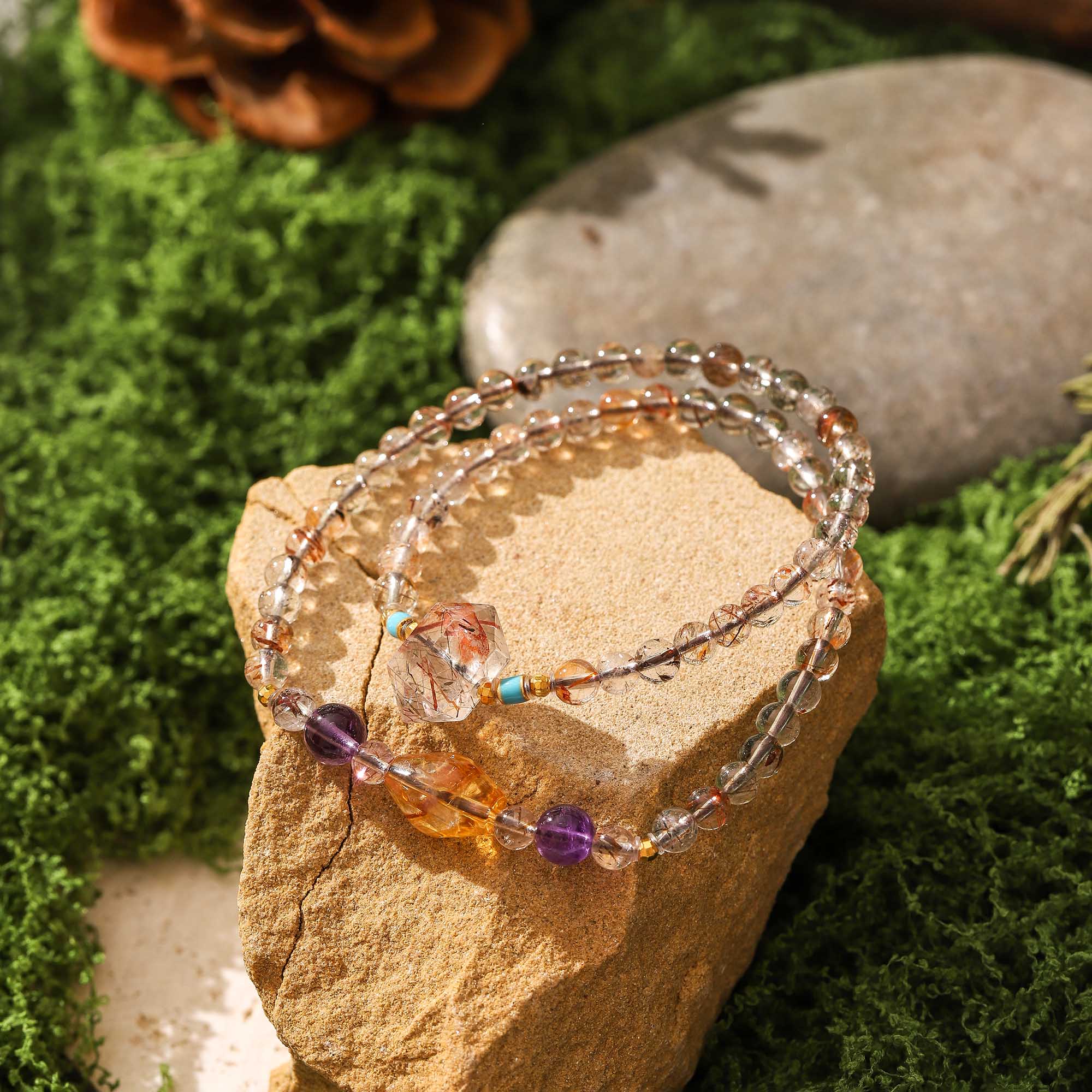Black Gold Super Seven, Amethyst, and Yellow Topaz Double-Wrap Bracelet