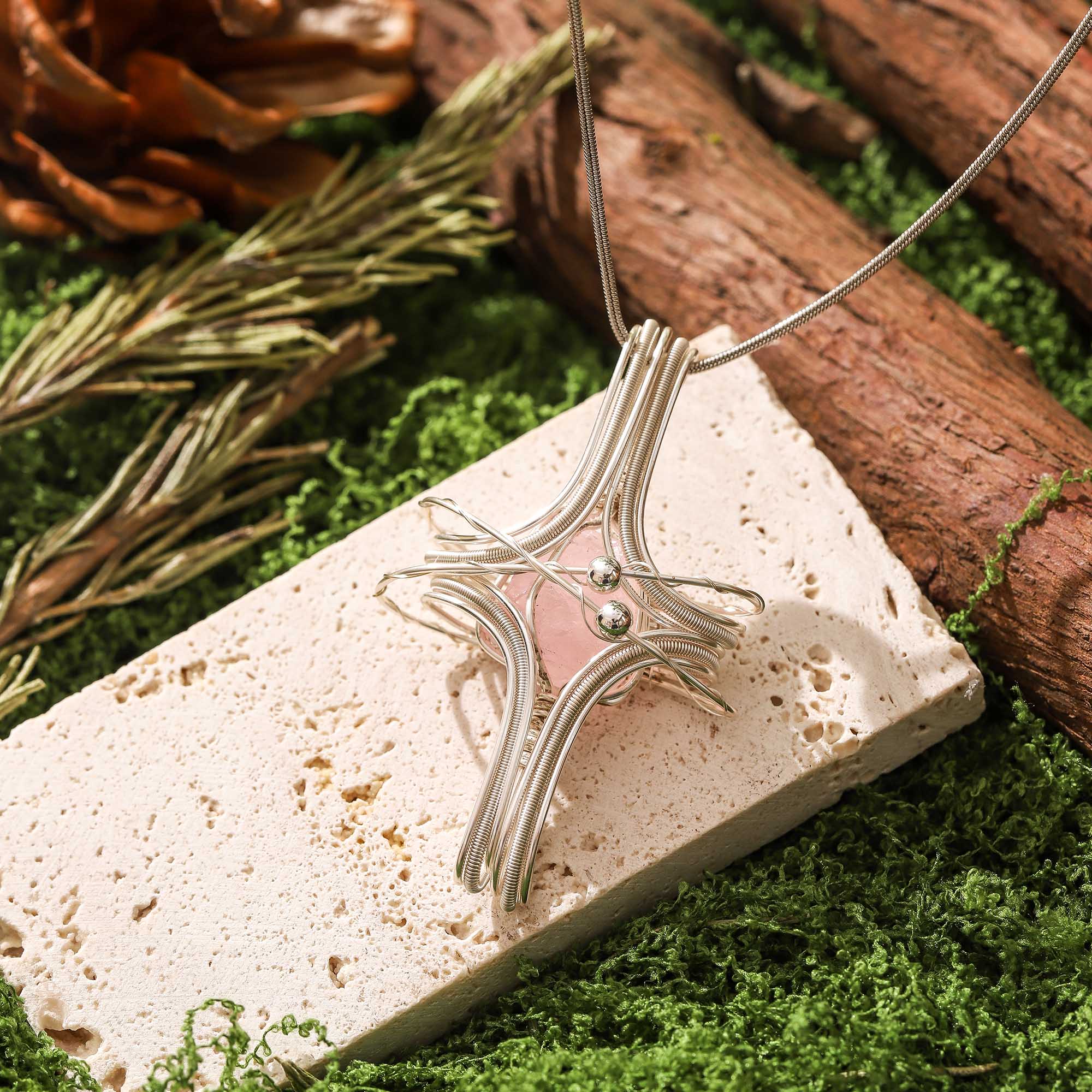 Starry Heart – Rose Quartz Wire Art Pendant