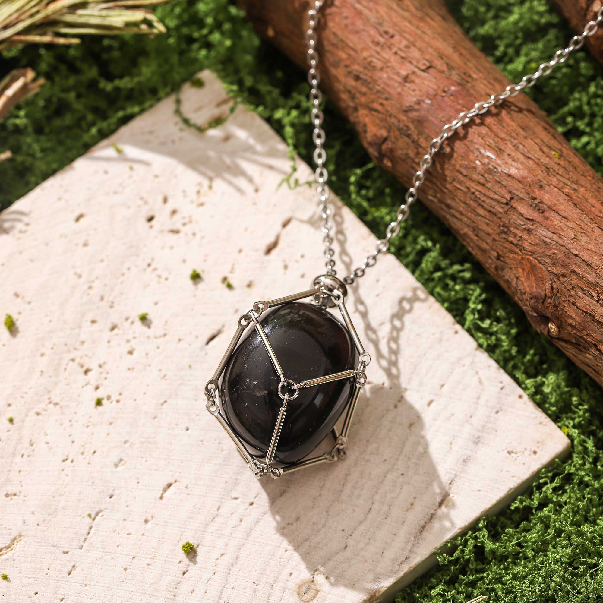 Nightshade Guardian – Obsidian Cage Necklace