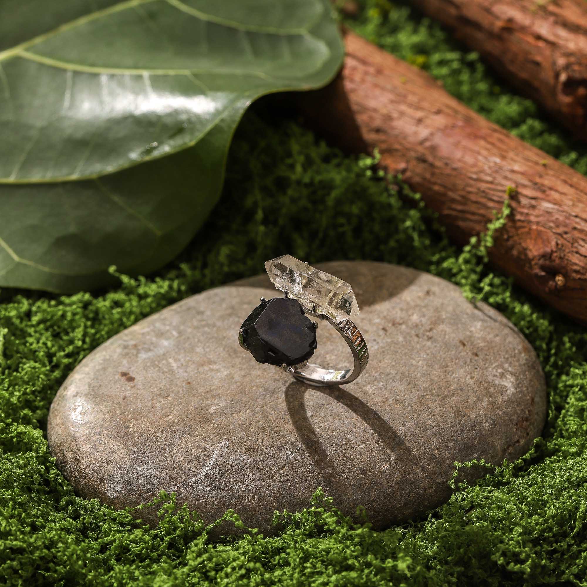 Nightfall Guardian – Black Tourmaline & Twinkle Diamond Dual Energy Ring