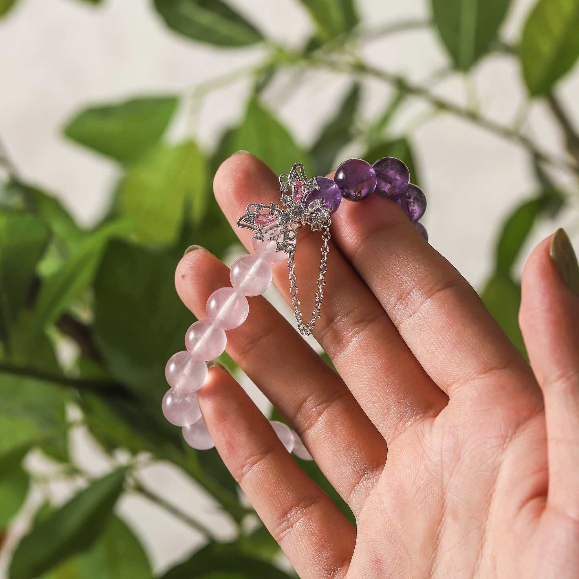 Floral Butterfly Dream – Amethyst & Rose Quartz Bracelet