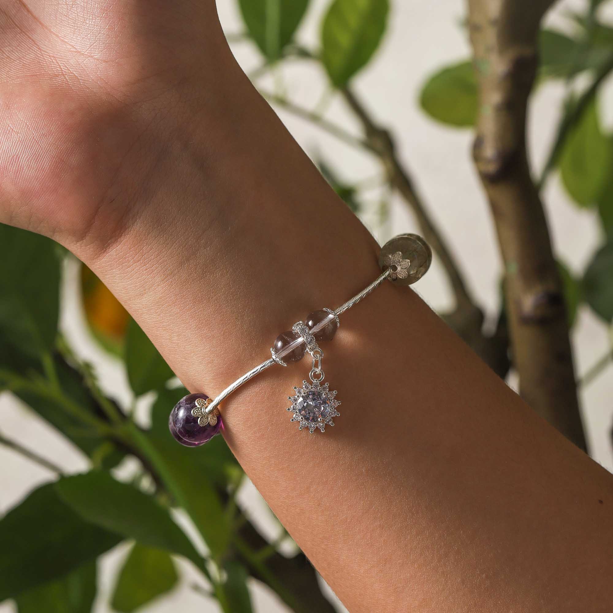 Sundial Glow – Amethyst & Rutilated Quartz Bracelet