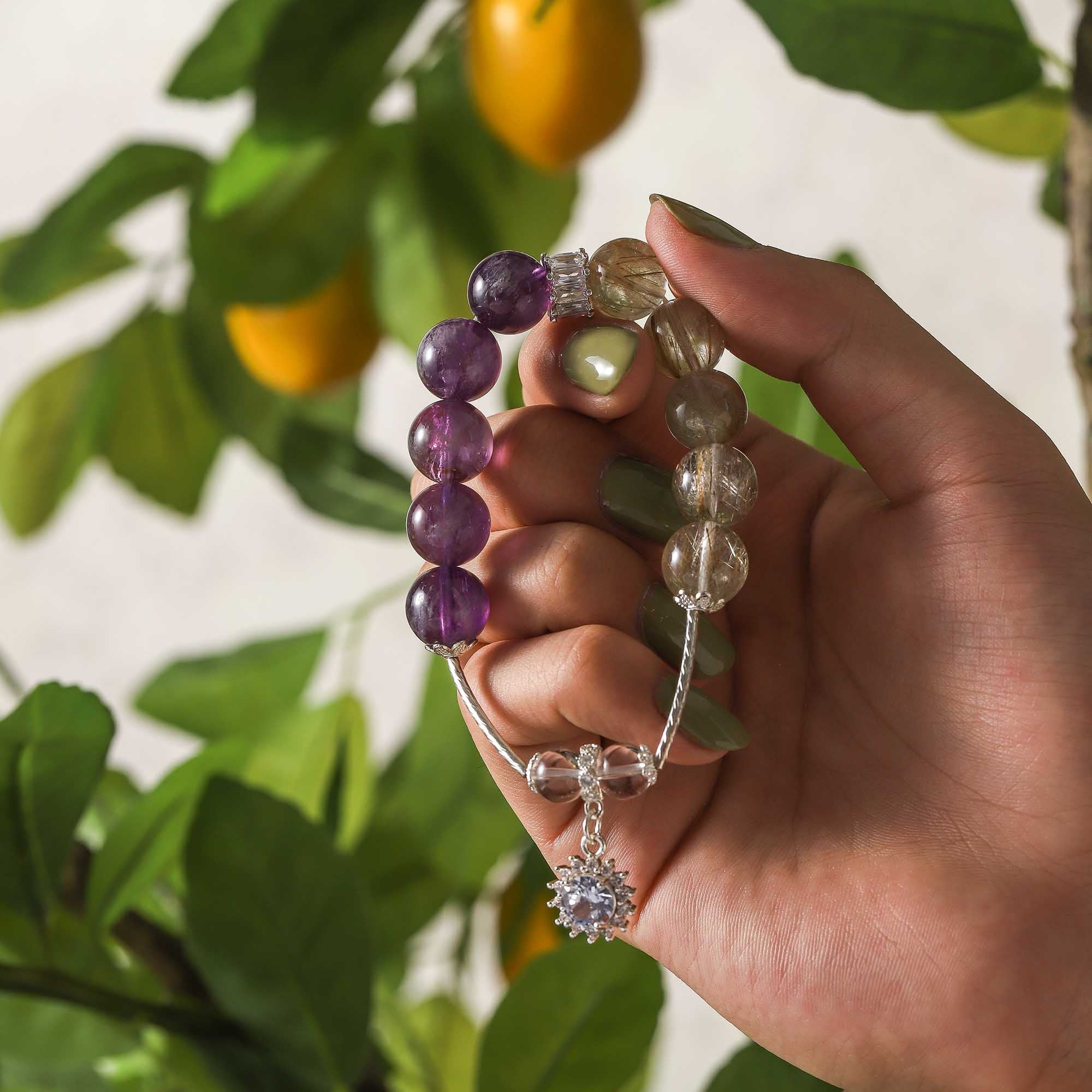 Sundial Glow – Amethyst & Rutilated Quartz Bracelet