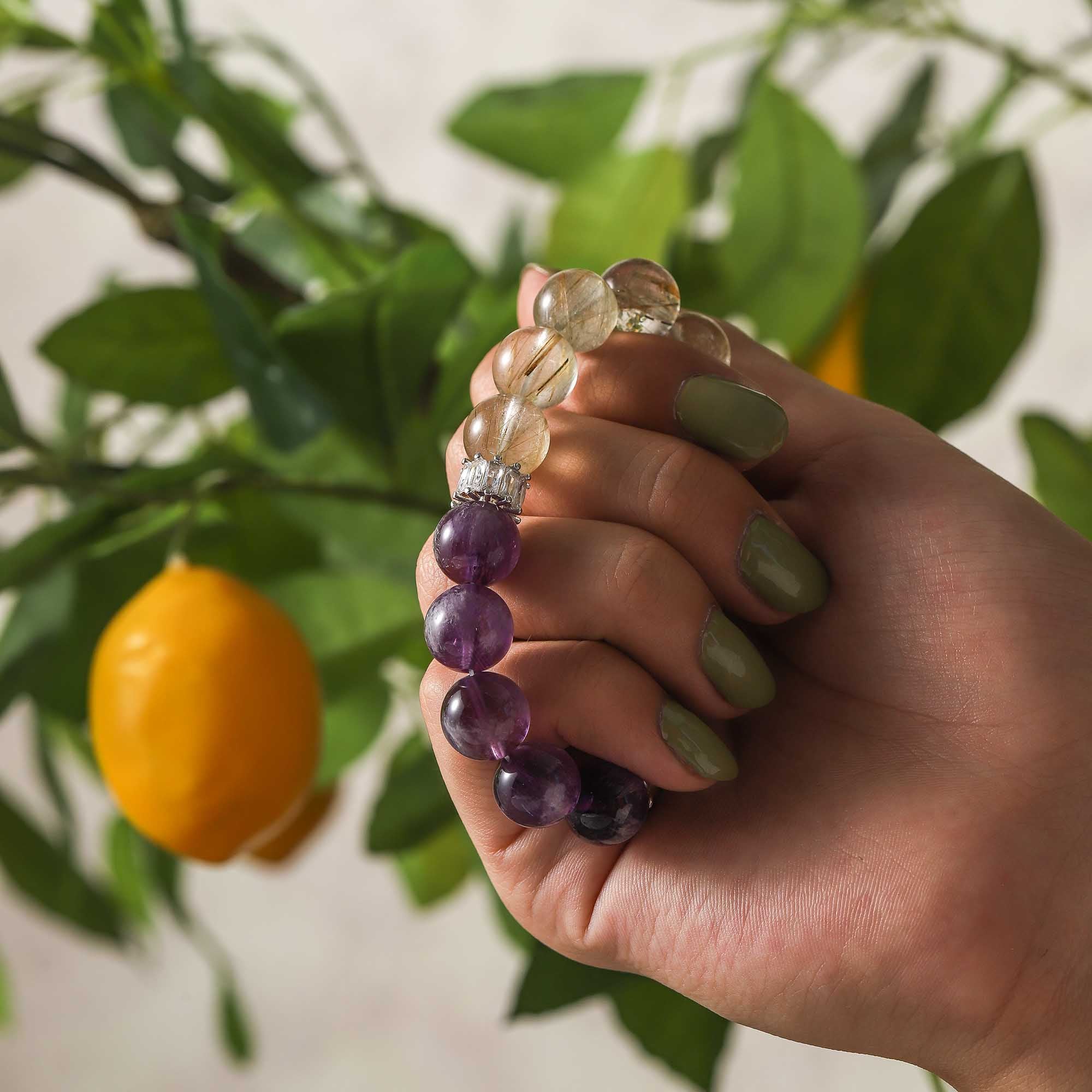 Sundial Glow – Amethyst & Rutilated Quartz Bracelet