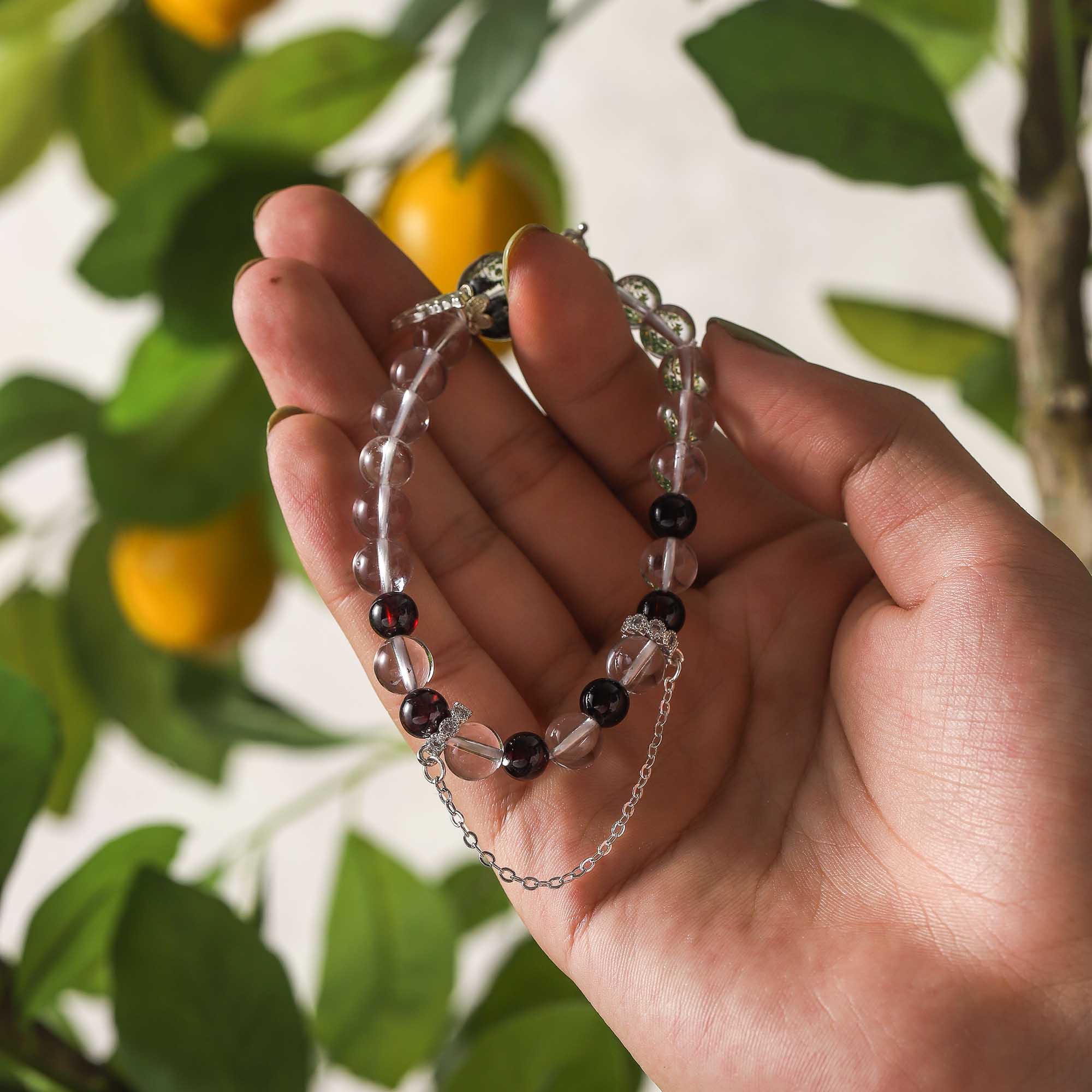 Forest Whispers – Phantom Quartz, Garnet & Clear Quartz Bracelet