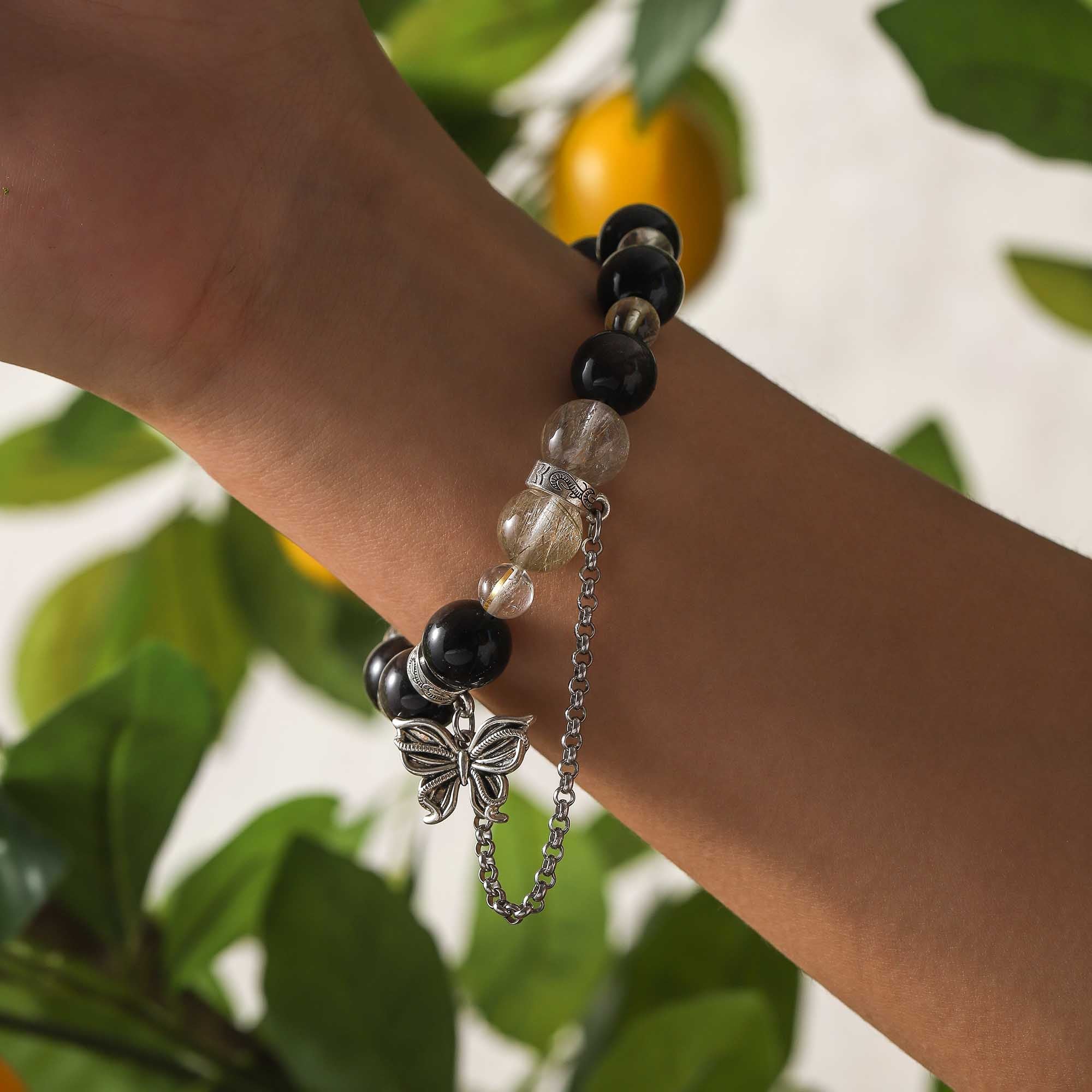 Midnight Metamorphosis – Obsidian & Golden Rutilated Quartz Bracelet
