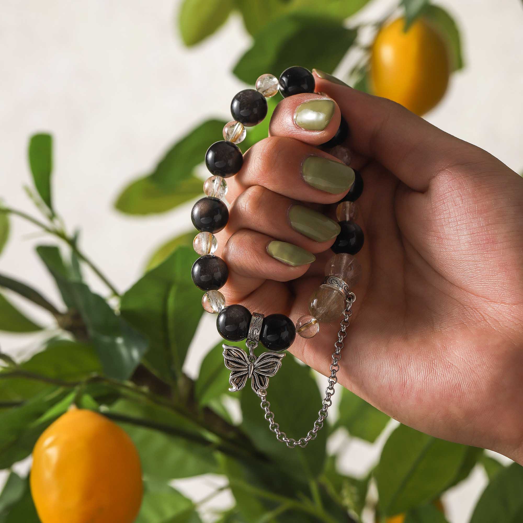 Midnight Metamorphosis – Obsidian & Golden Rutilated Quartz Bracelet