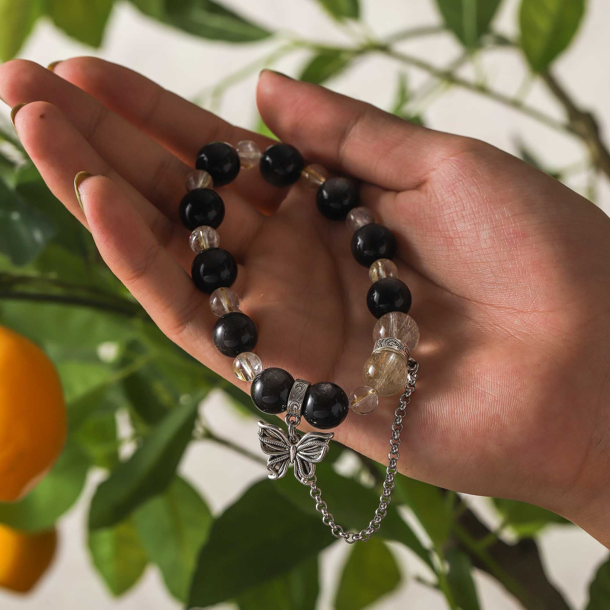 Midnight Metamorphosis – Obsidian & Golden Rutilated Quartz Bracelet