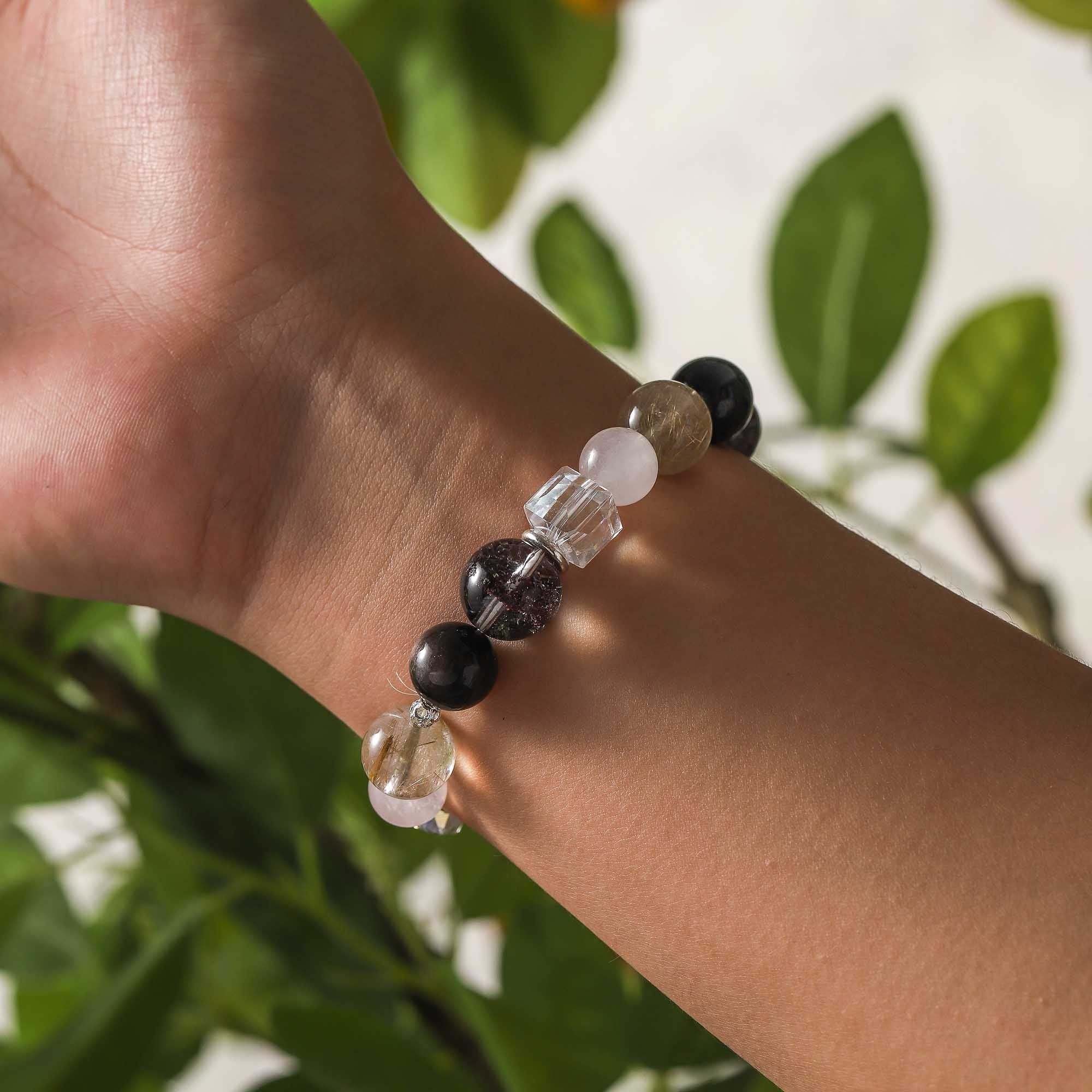 Night & Light Overture – Obsidian, Seasonal Phantom, Golden Rutilated Quartz & Clear Quartz Bracelet