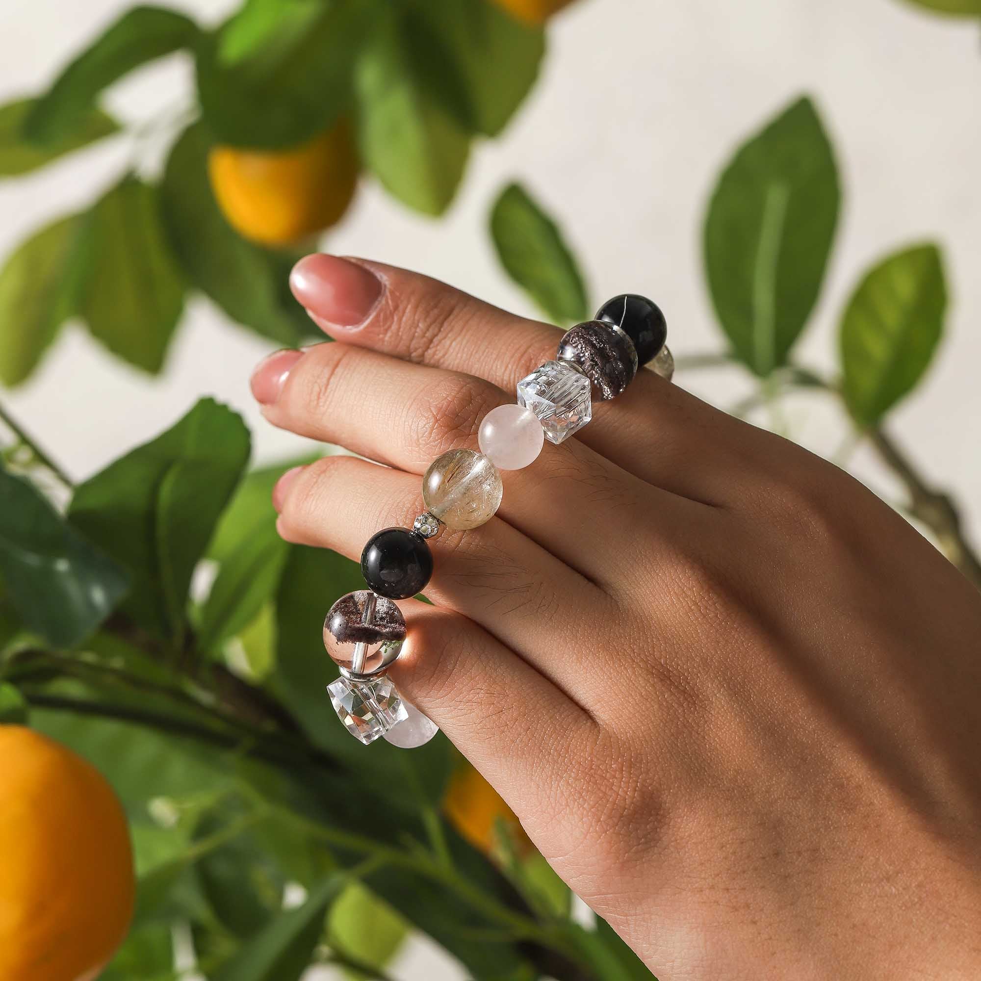 Night & Light Overture – Obsidian, Seasonal Phantom, Golden Rutilated Quartz & Clear Quartz Bracelet