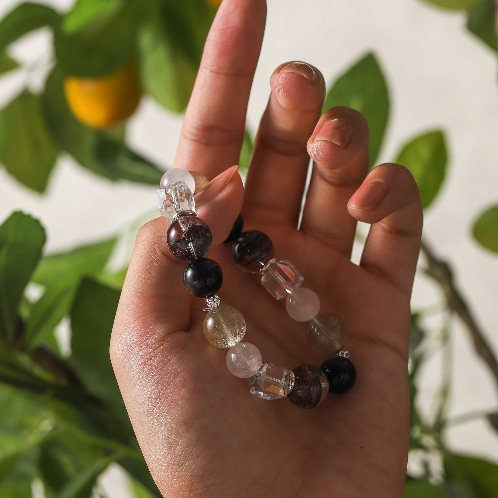 Night & Light Overture – Obsidian, Seasonal Phantom, Golden Rutilated Quartz & Clear Quartz Bracelet