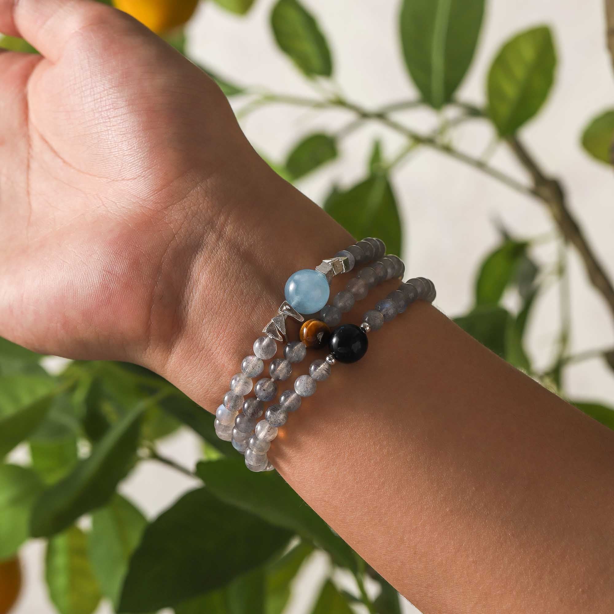 The Abundant Circle – Aquamarine, Gray Moonstone, Yellow Tiger Eye & Blue Tiger Eye Multi-Wrap Bracelet