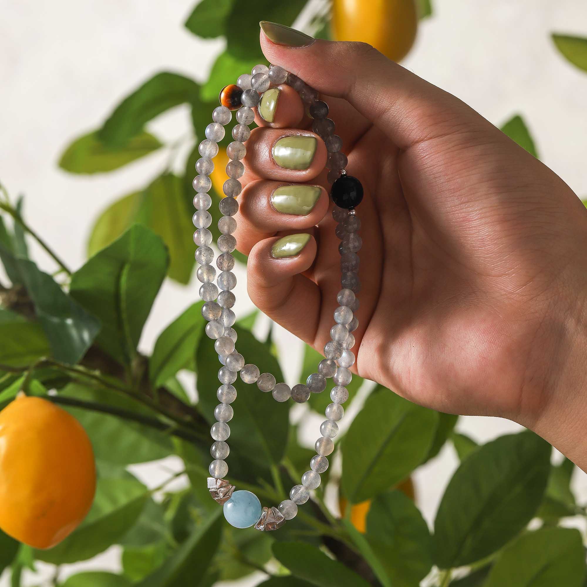 The Abundant Circle – Aquamarine, Gray Moonstone, Yellow Tiger Eye & Blue Tiger Eye Multi-Wrap Bracelet