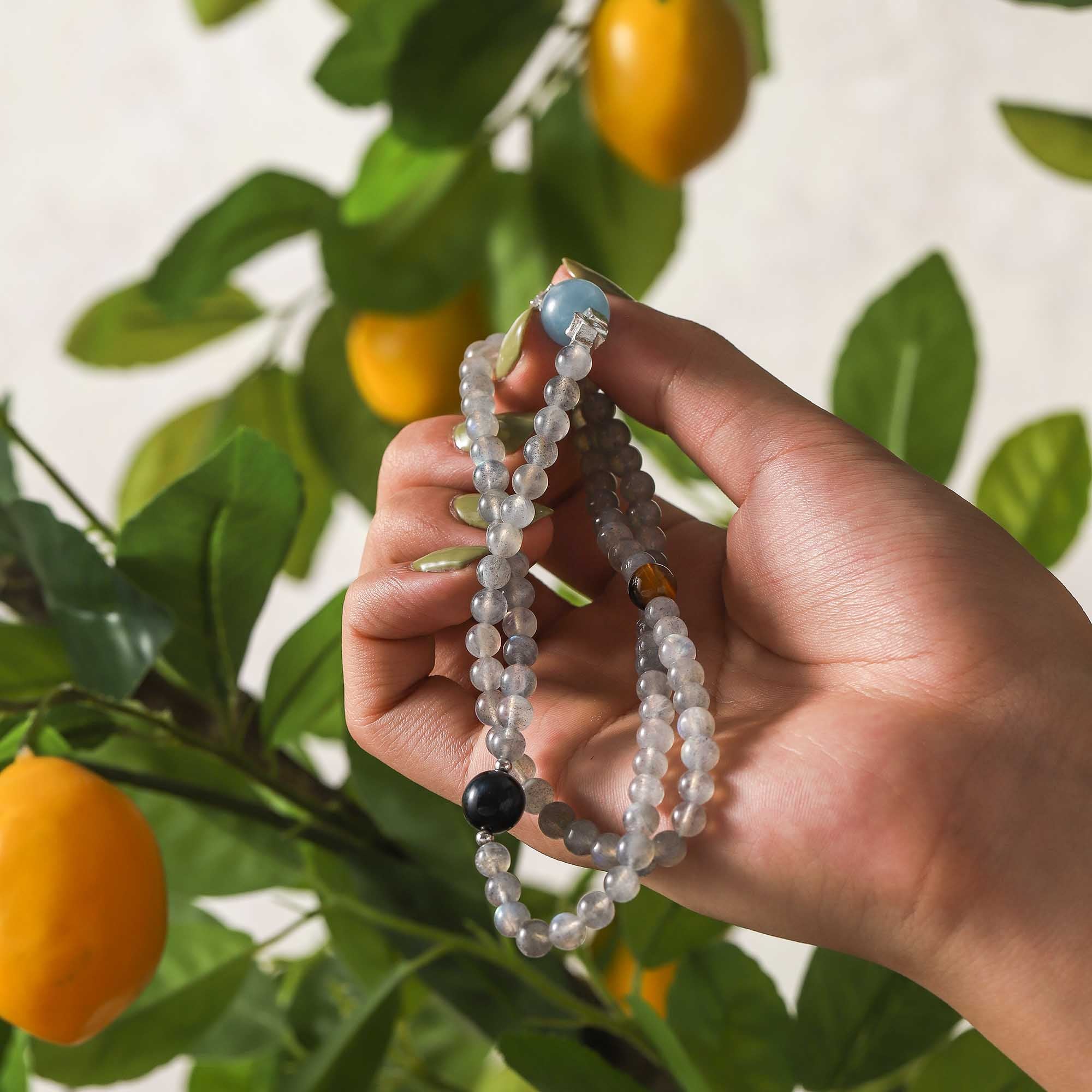 The Abundant Circle – Aquamarine, Gray Moonstone, Yellow Tiger Eye & Blue Tiger Eye Multi-Wrap Bracelet