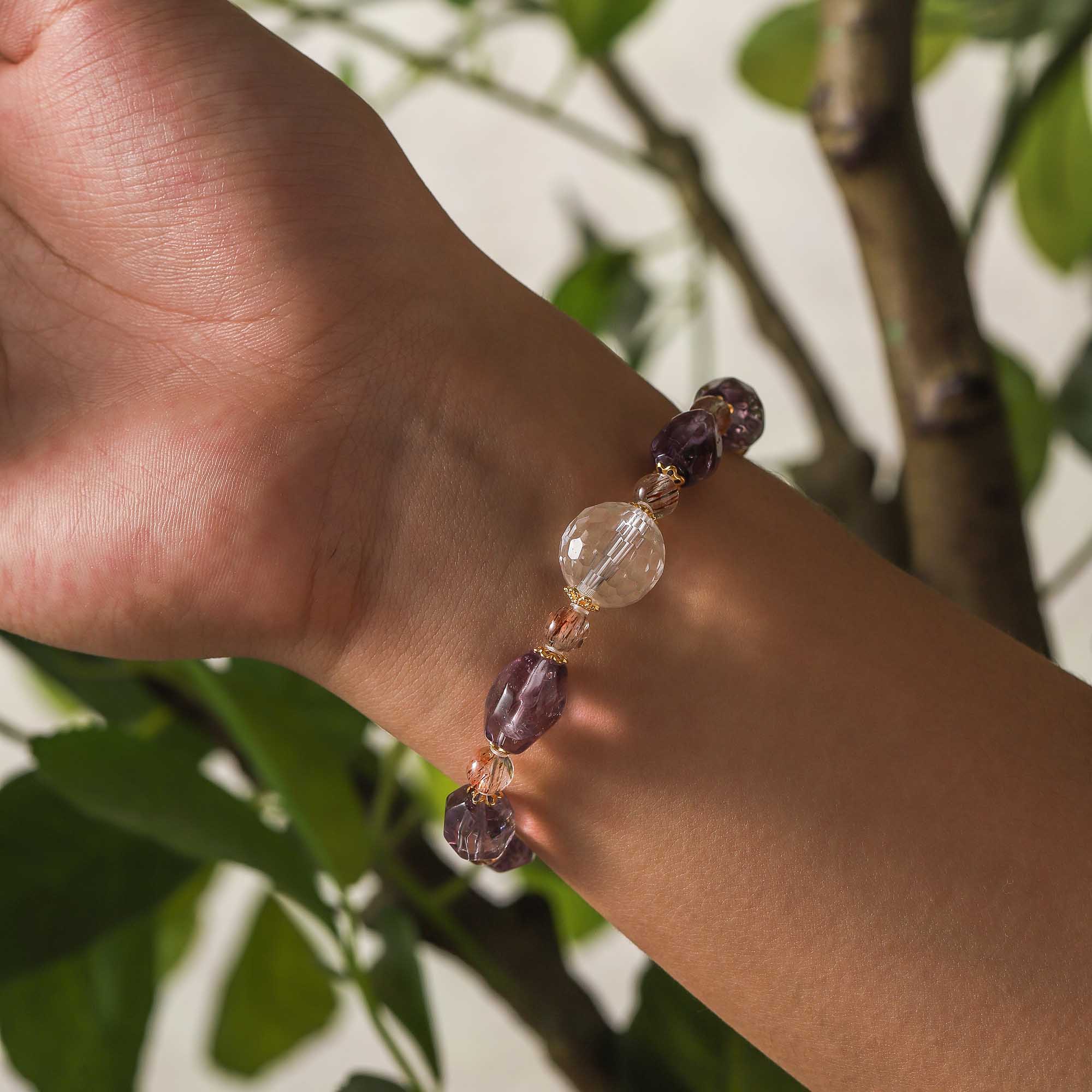 Amethyst, Clear Quartz & Black Gold Super Seven Design Bracelet