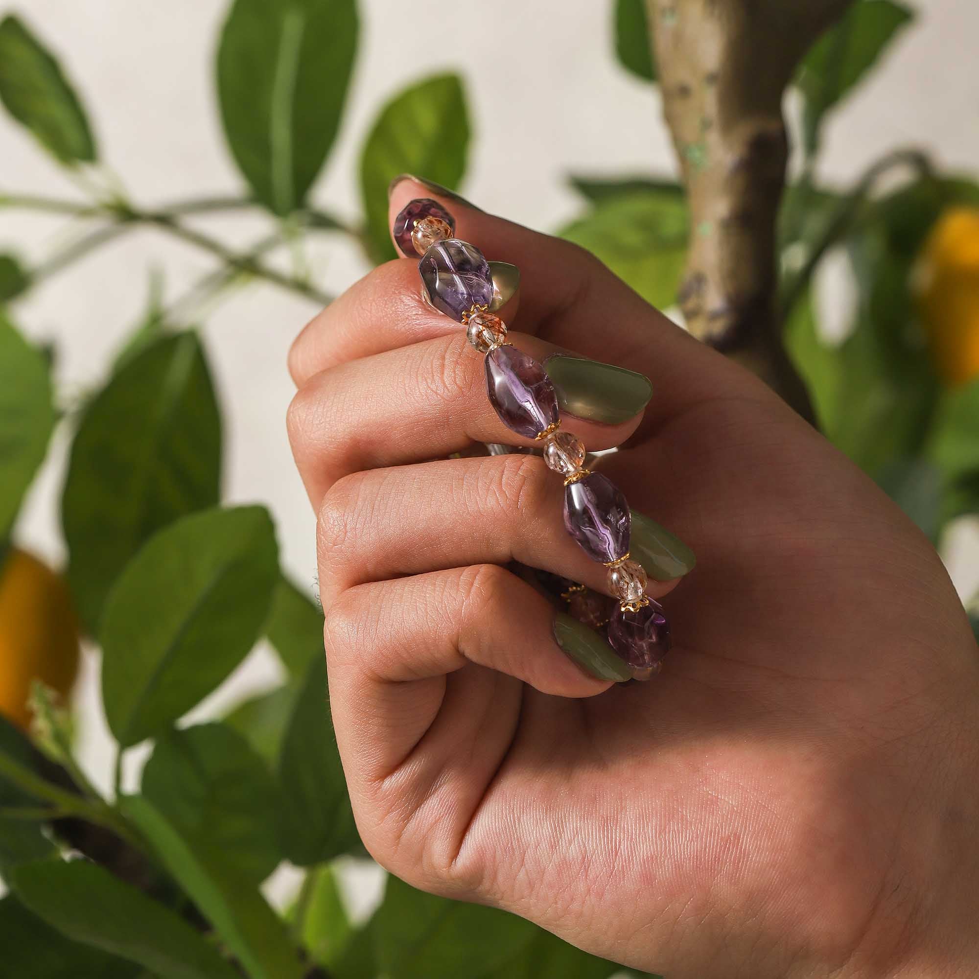 Amethyst, Clear Quartz & Black Gold Super Seven Design Bracelet