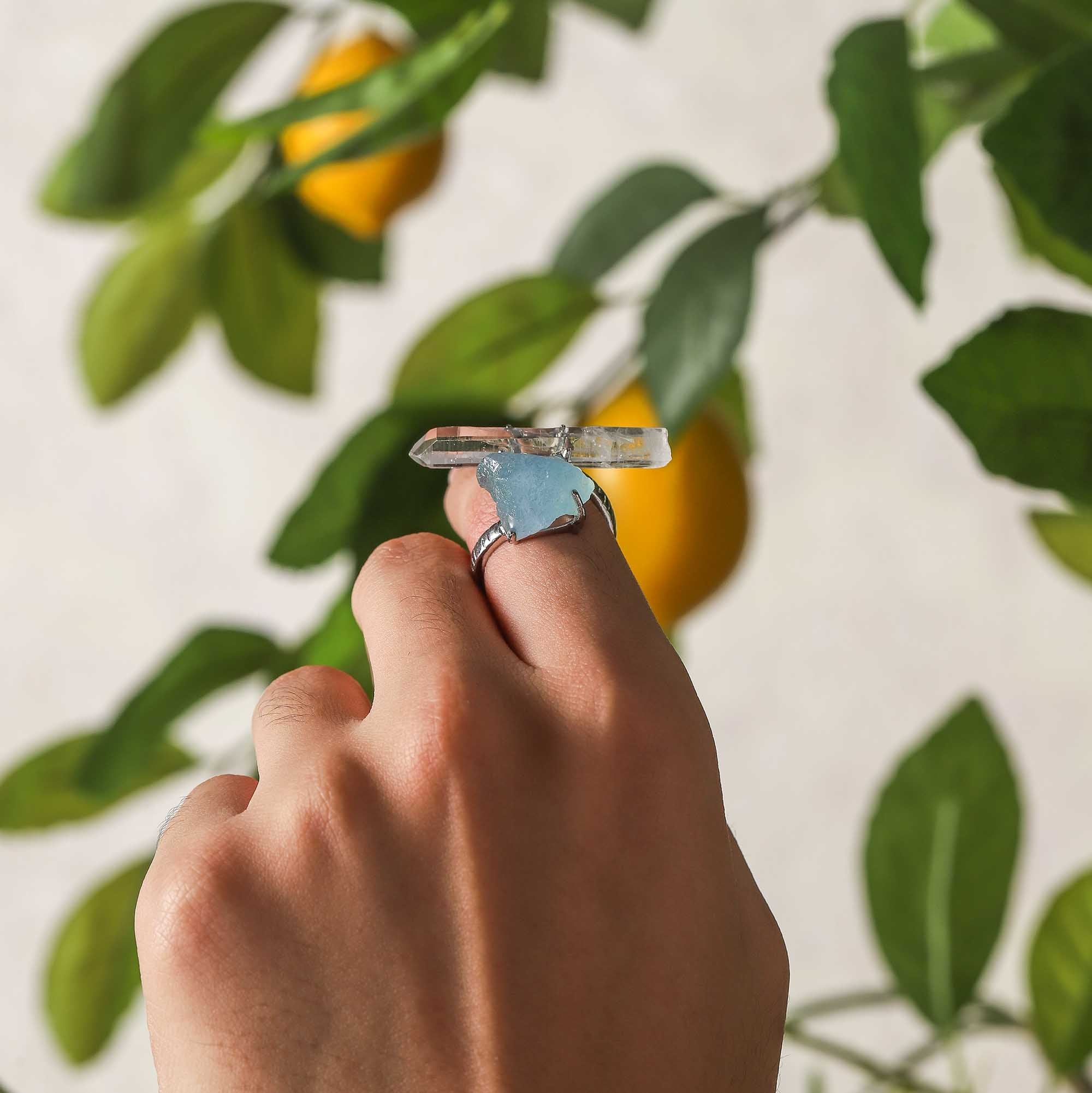 Sea Fish & Flying Birds – Aquamarine & Clear Quartz Raw Stone Ring