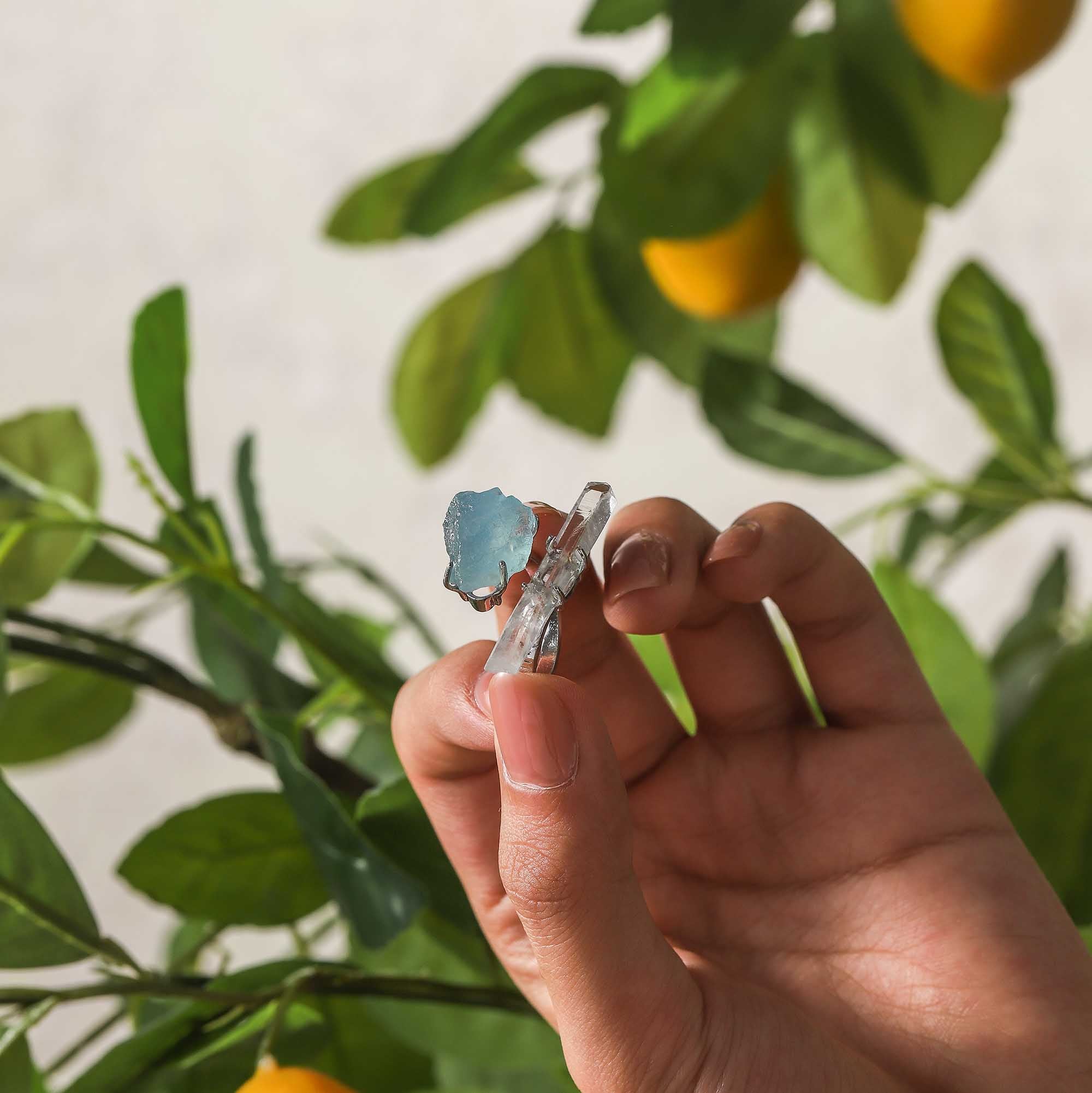 Sea Fish & Flying Birds – Aquamarine & Clear Quartz Raw Stone Ring