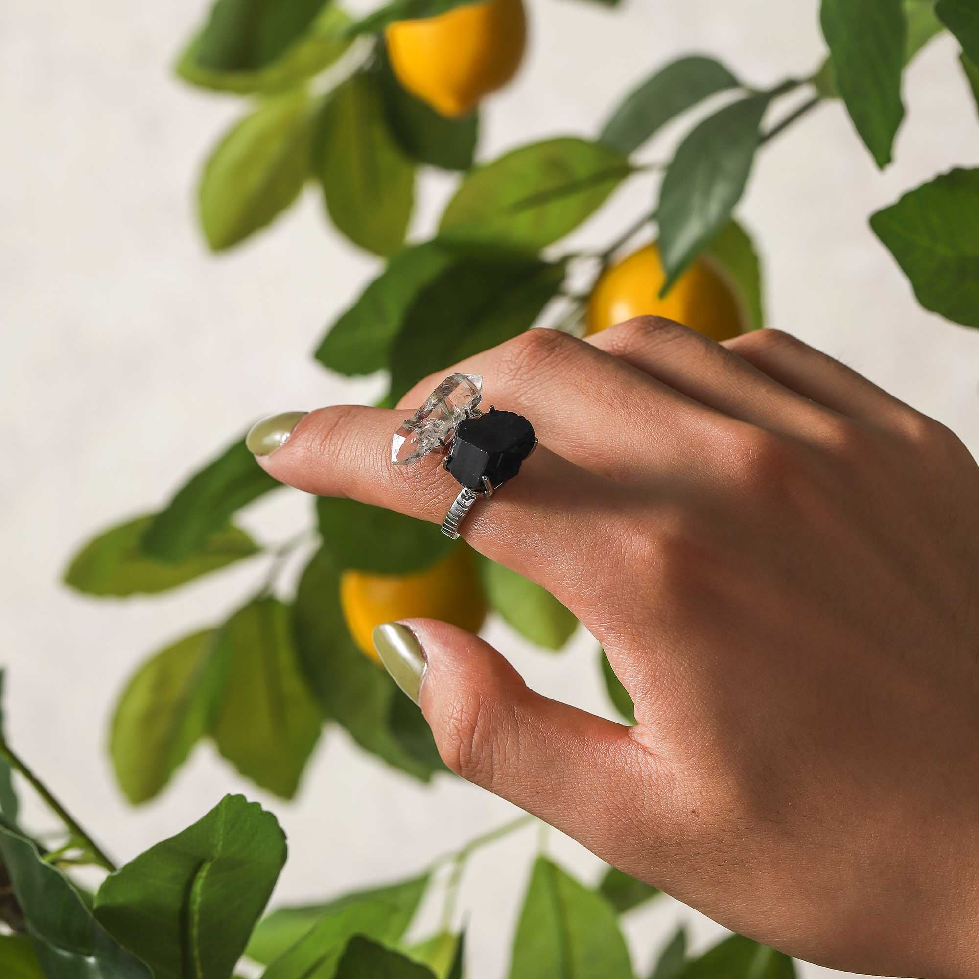 Nightfall Guardian – Black Tourmaline & Twinkle Diamond Dual Energy Ring