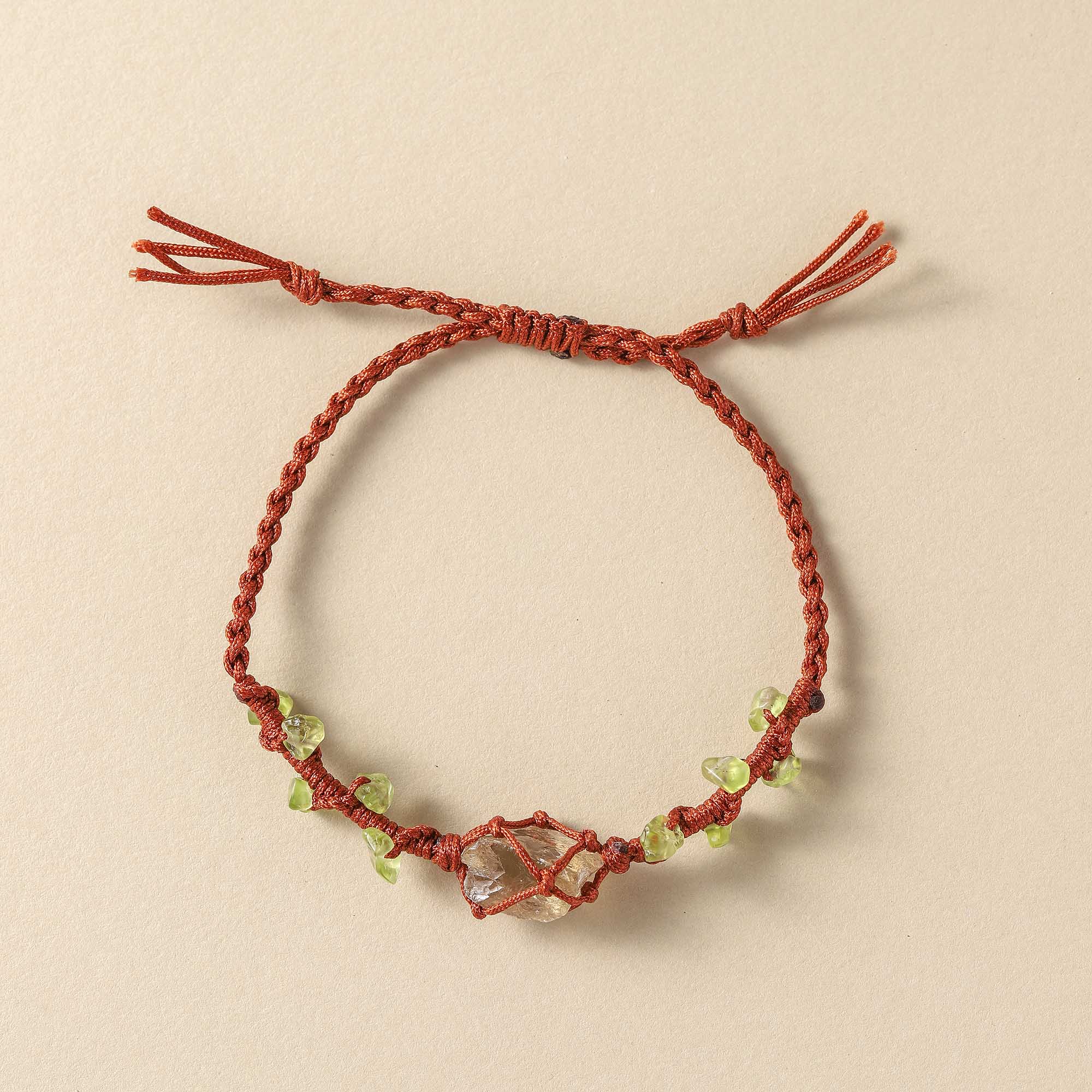 Forest Glow – Smoky Quartz & Peridot Woven Bracelet