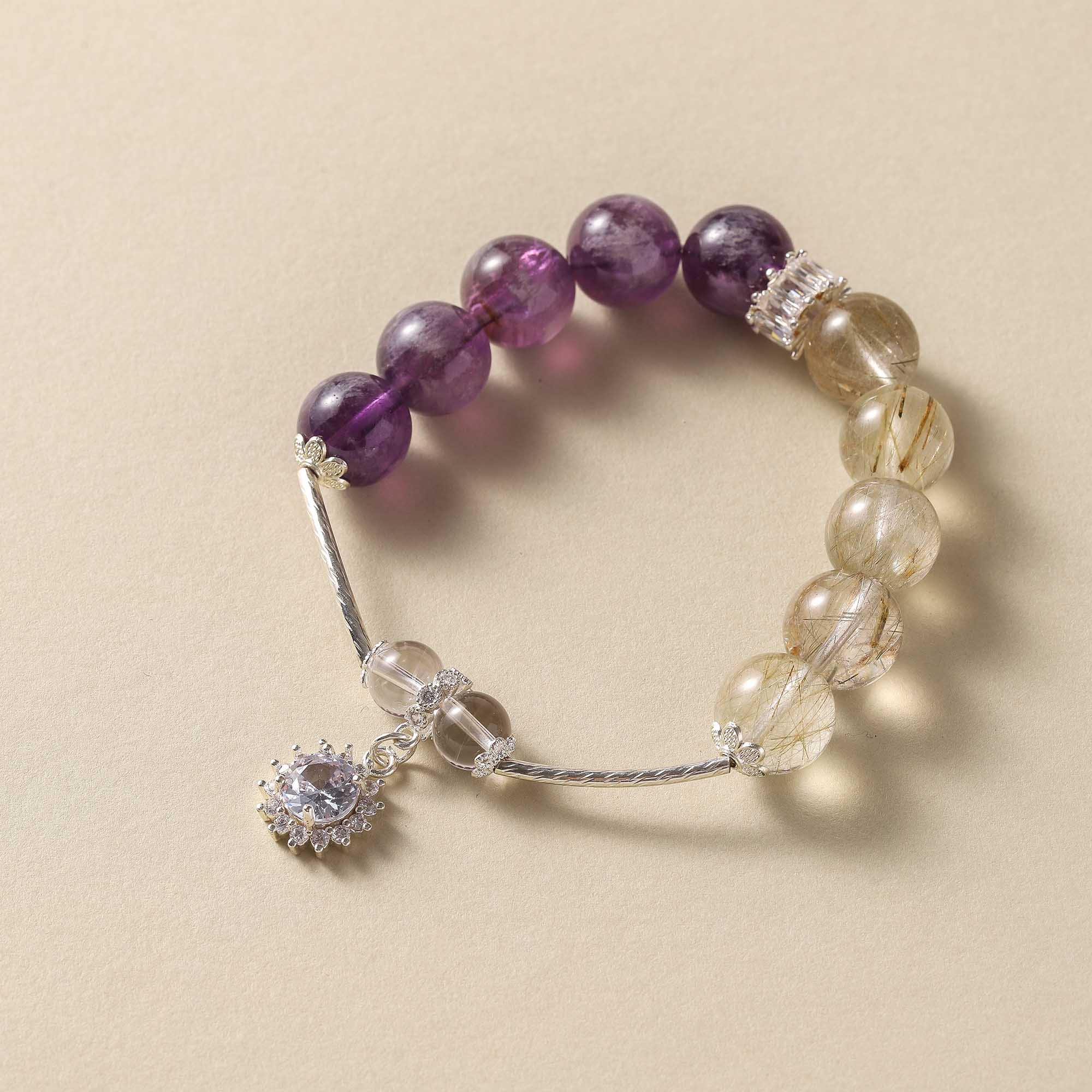 Sundial Glow – Amethyst & Rutilated Quartz Bracelet