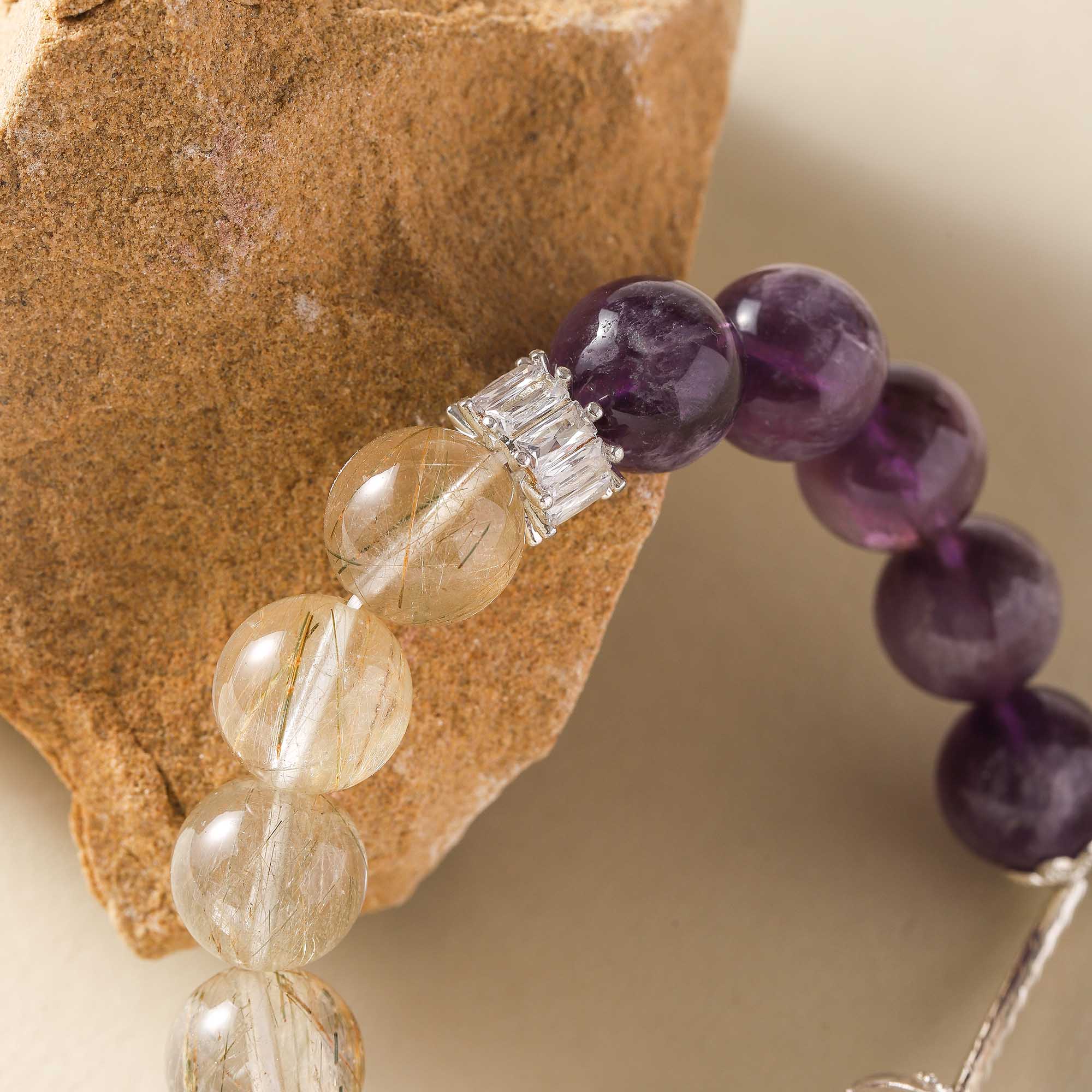 Sundial Glow – Amethyst & Rutilated Quartz Bracelet