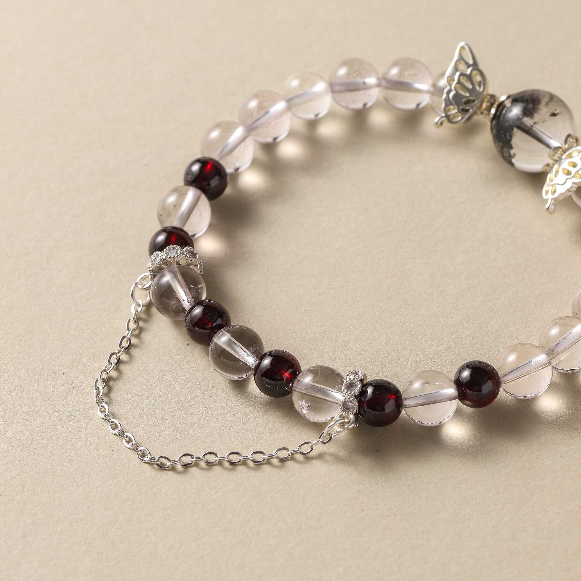 Forest Whispers – Phantom Quartz, Garnet & Clear Quartz Bracelet