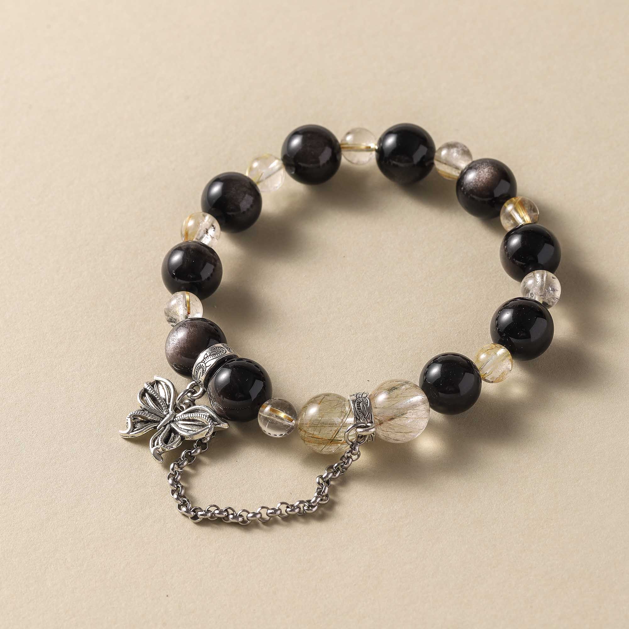 Midnight Metamorphosis – Obsidian & Golden Rutilated Quartz Bracelet