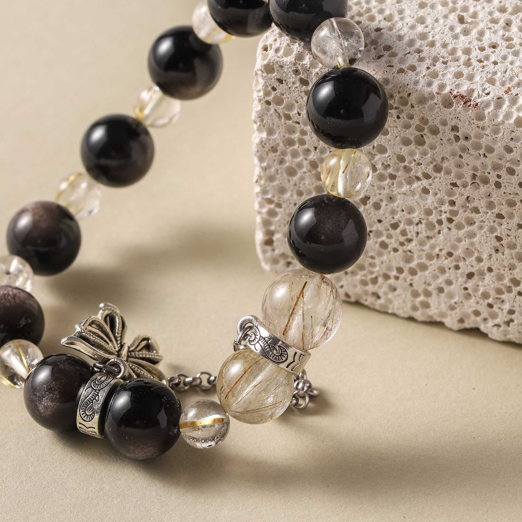 Midnight Metamorphosis – Obsidian & Golden Rutilated Quartz Bracelet