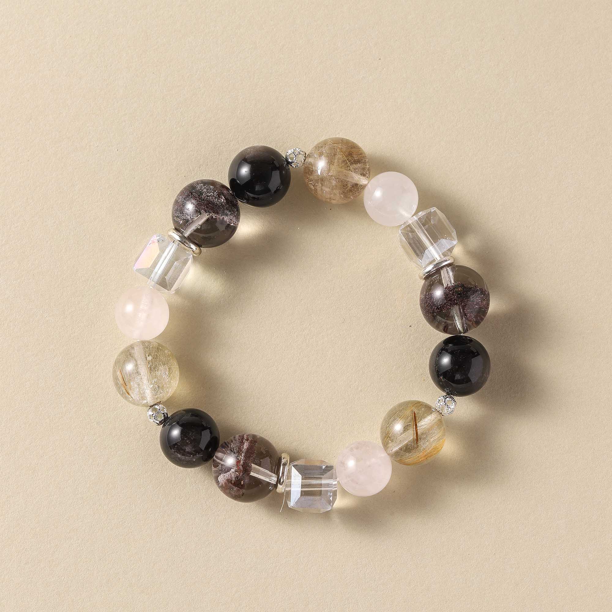 Night & Light Overture – Obsidian, Seasonal Phantom, Golden Rutilated Quartz & Clear Quartz Bracelet