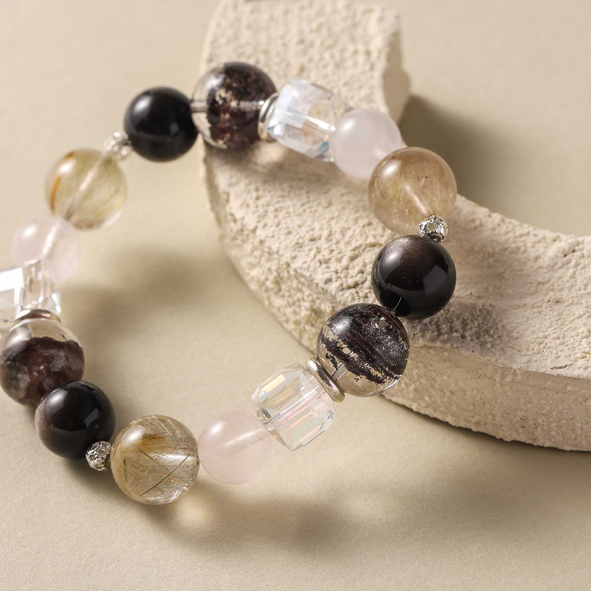 Night & Light Overture – Obsidian, Seasonal Phantom, Golden Rutilated Quartz & Clear Quartz Bracelet