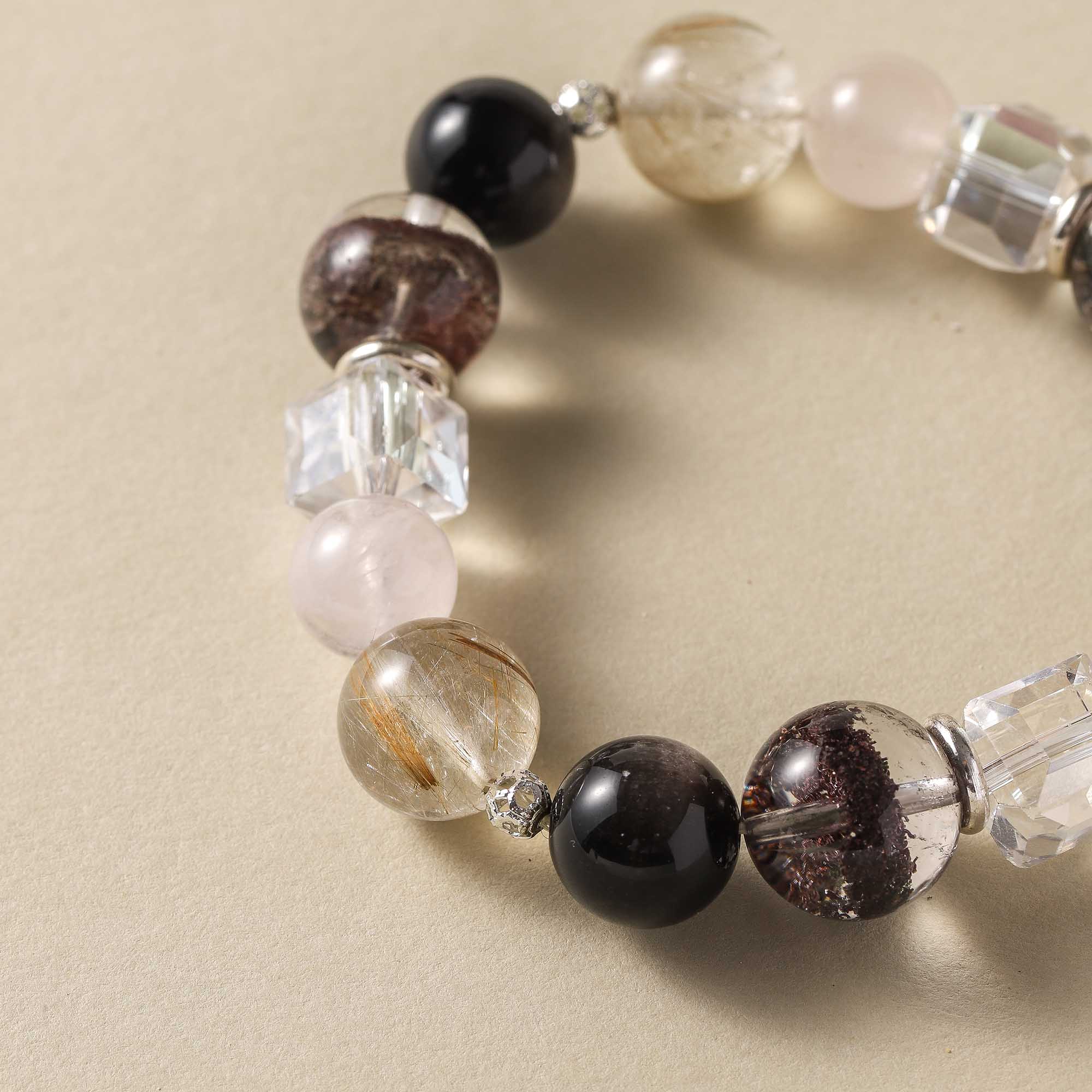 Night & Light Overture – Obsidian, Seasonal Phantom, Golden Rutilated Quartz & Clear Quartz Bracelet