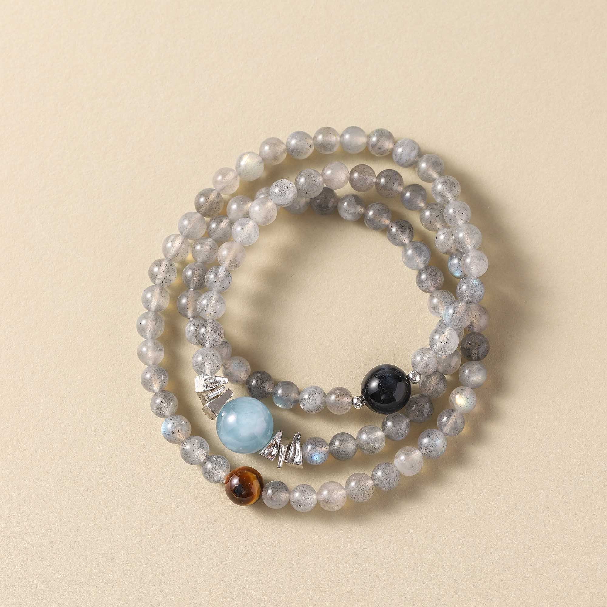 The Abundant Circle – Aquamarine, Gray Moonstone, Yellow Tiger Eye & Blue Tiger Eye Multi-Wrap Bracelet