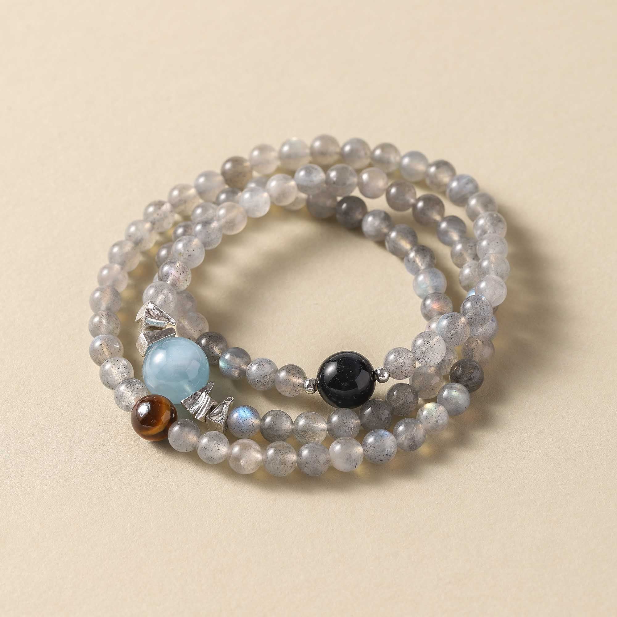 The Abundant Circle – Aquamarine, Gray Moonstone, Yellow Tiger Eye & Blue Tiger Eye Multi-Wrap Bracelet