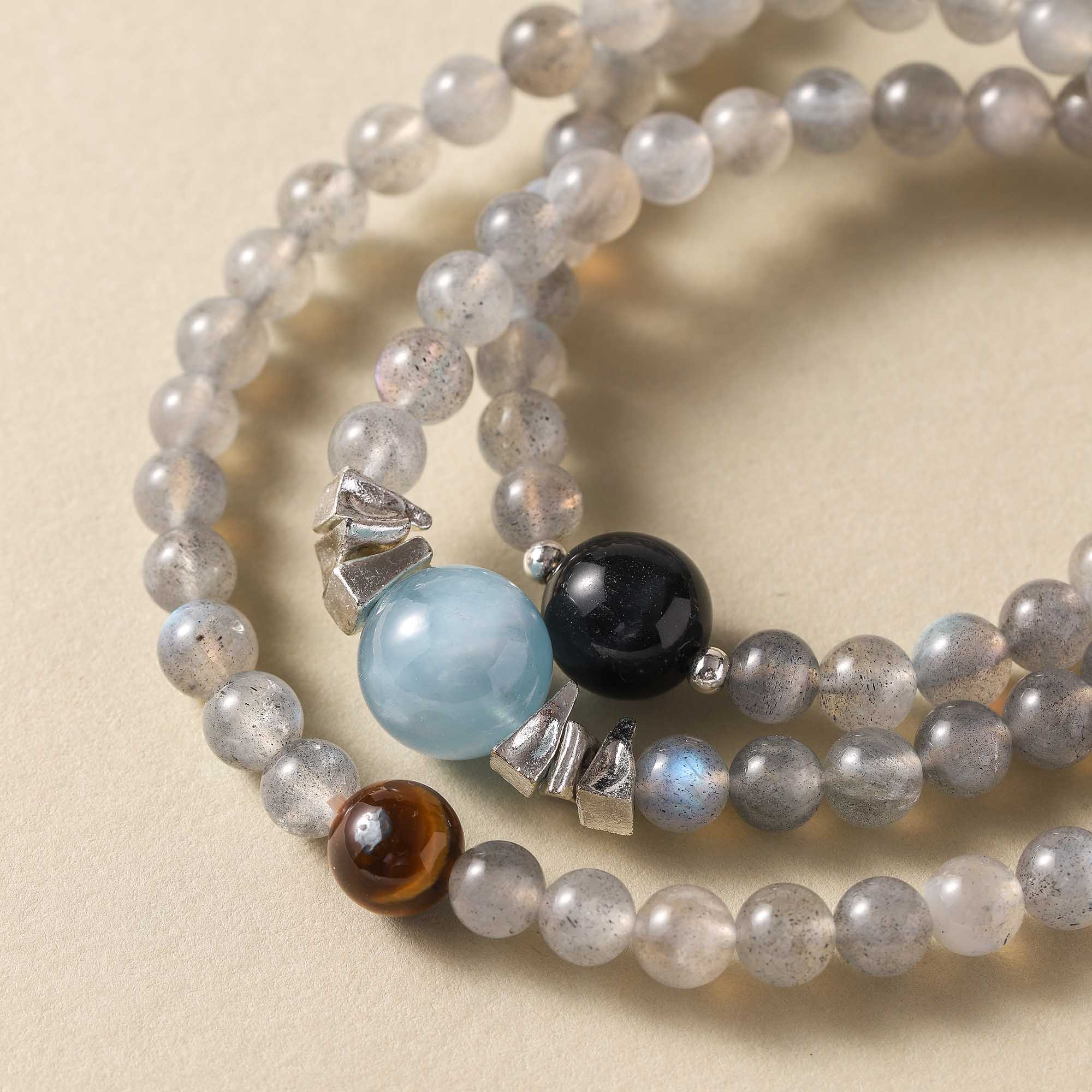 The Abundant Circle – Aquamarine, Gray Moonstone, Yellow Tiger Eye & Blue Tiger Eye Multi-Wrap Bracelet