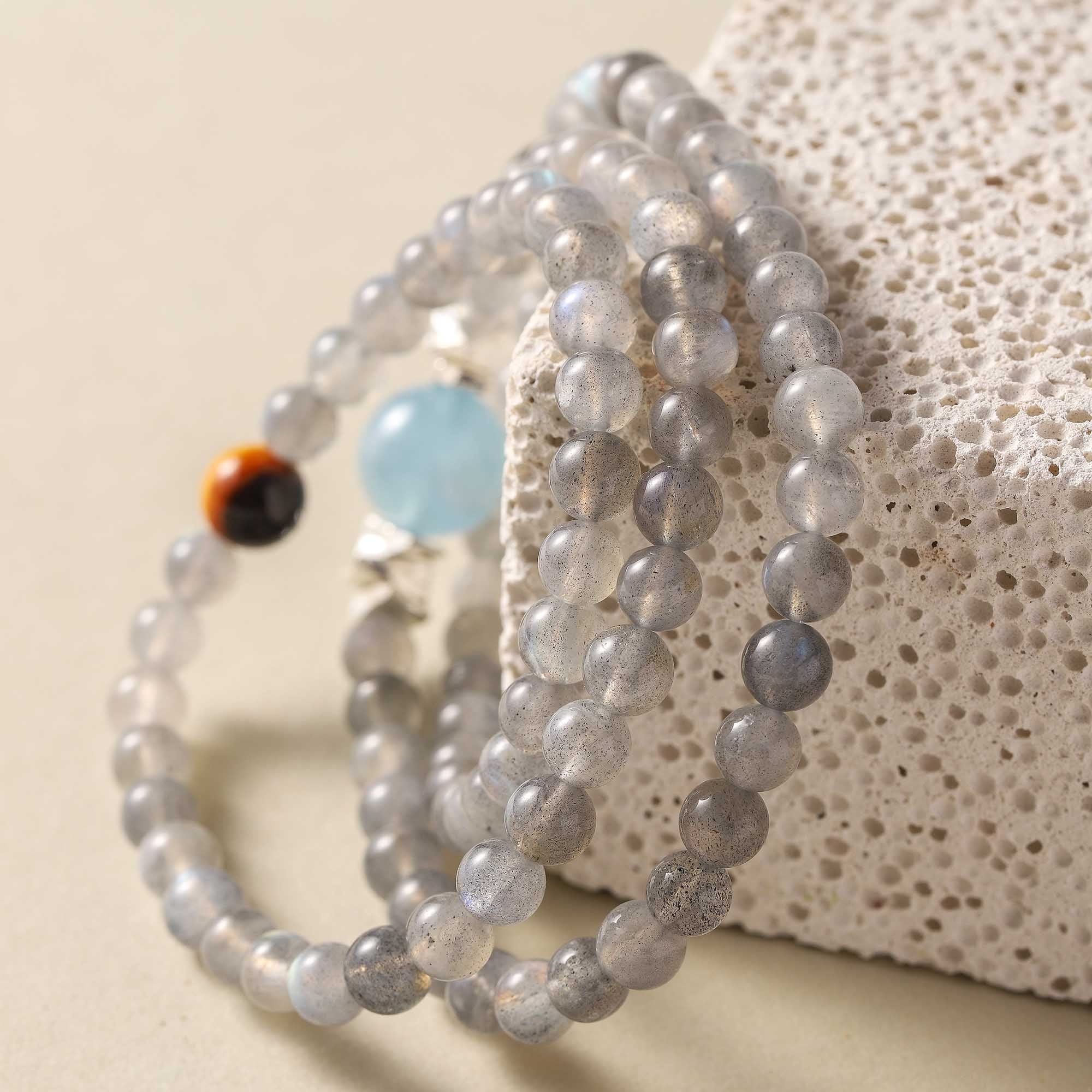 The Abundant Circle – Aquamarine, Gray Moonstone, Yellow Tiger Eye & Blue Tiger Eye Multi-Wrap Bracelet