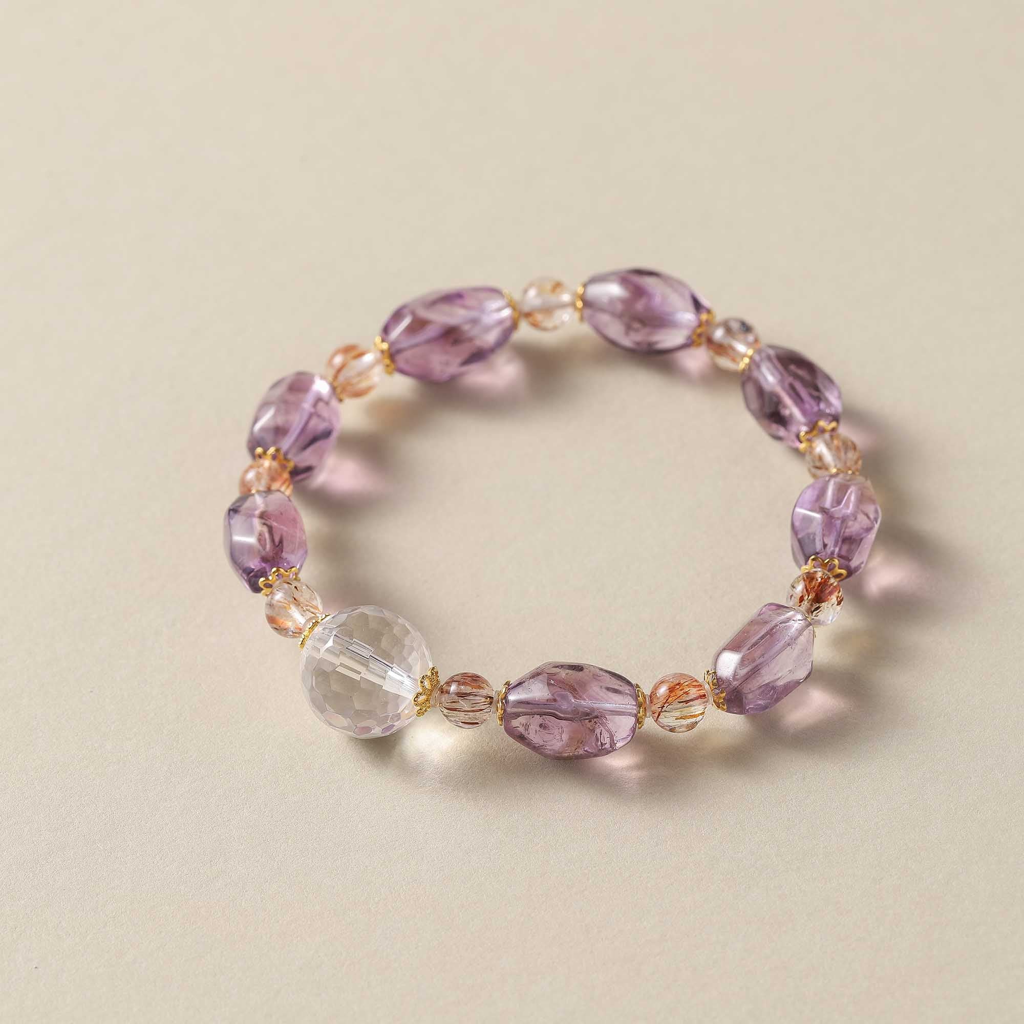 Amethyst, Clear Quartz & Black Gold Super Seven Design Bracelet