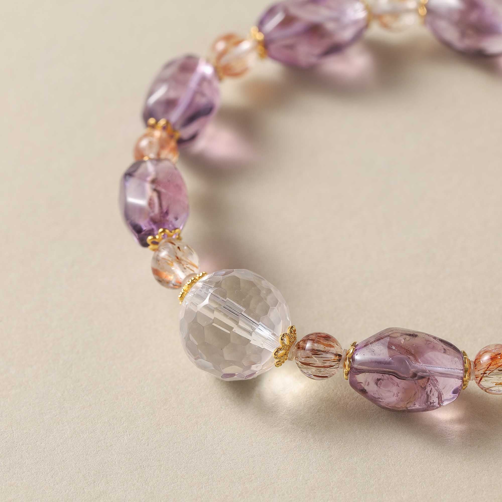 Amethyst, Clear Quartz & Black Gold Super Seven Design Bracelet