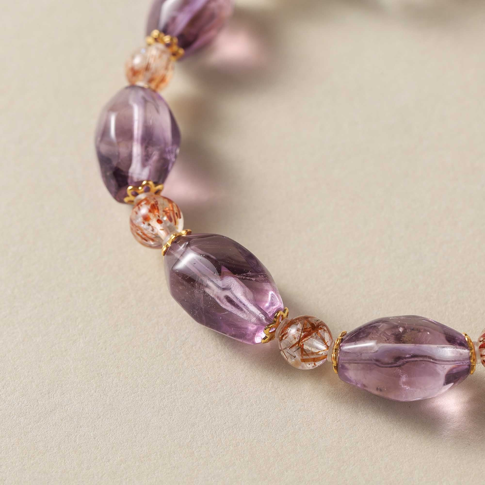 Amethyst, Clear Quartz & Black Gold Super Seven Design Bracelet