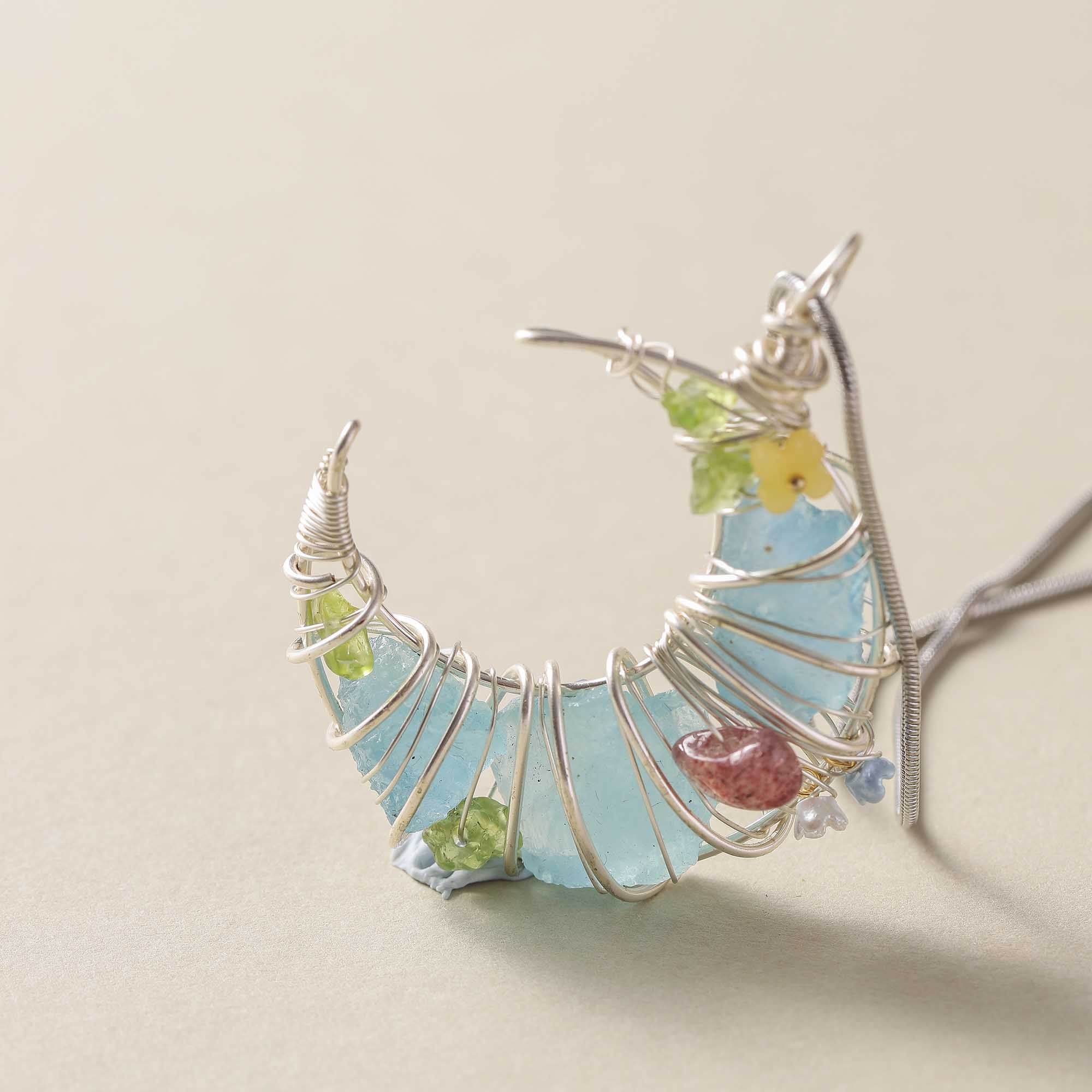 Moonlight Dreamweaver – Blue Crystal Crescent Pendant