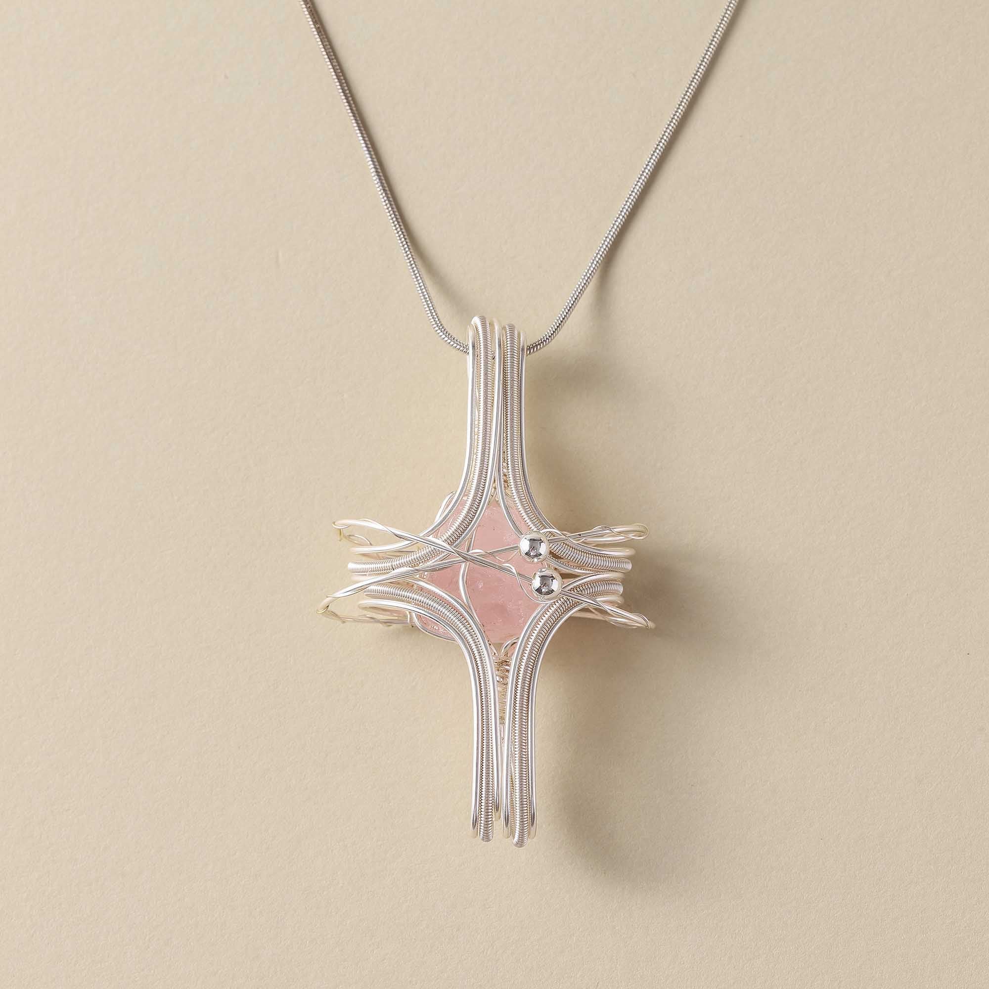 Starry Heart – Rose Quartz Wire Art Pendant