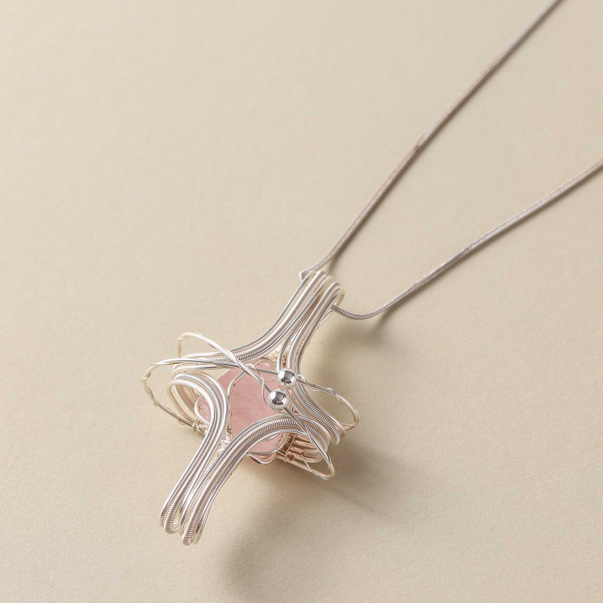 Starry Heart – Rose Quartz Wire Art Pendant